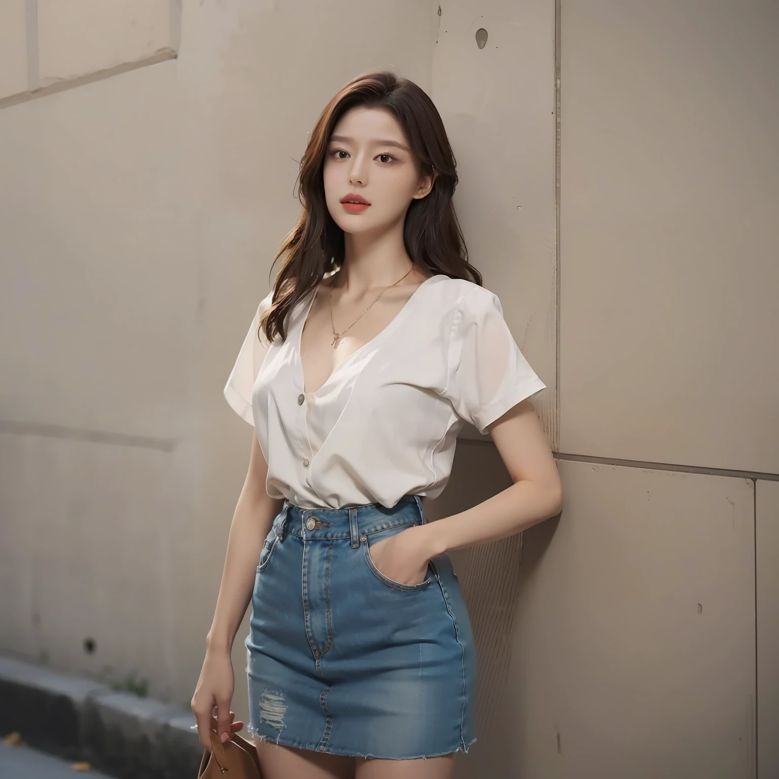 （best qualtiy，A high resolution，tmasterpiece：1.3），Street photography，1girll，A tall and beautiful woman，Slender abs，Dark brown hair in loose wavy styling，nedium breasts，Wear a pendant，white button-down blouse，obi strip，Denim skirt，Wrapped buttocks，（Modern street view），（Trees with their backs against the wall），Beautifully rendered details in face and skin textures，Detailed eyes，二重まぶた