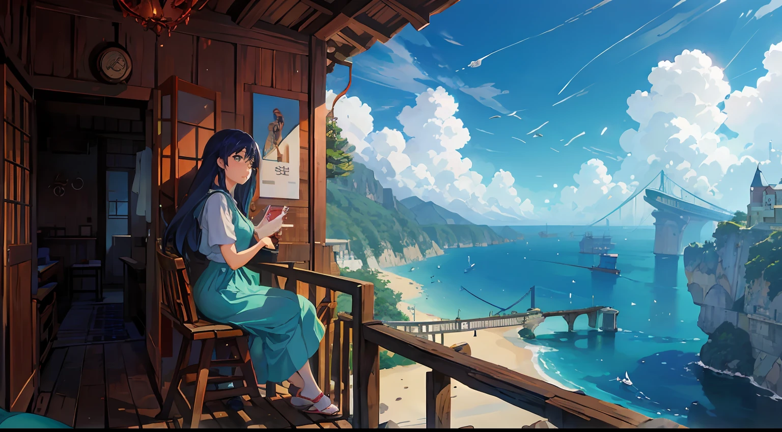 Anime setting of a girl sitting on the balcony of a cabin facing the sea, por Miyazaki, makoto shinkai cyril rolando, Amazing Miyazaki, miyazaki's animated film, estilo de arte studio ghibli, bela cena de anime, filme miyazaki, estilo de hayao miyazaki, inspirado em Miyazaki, filme miyazaki, estilo de arte ghibli --auto