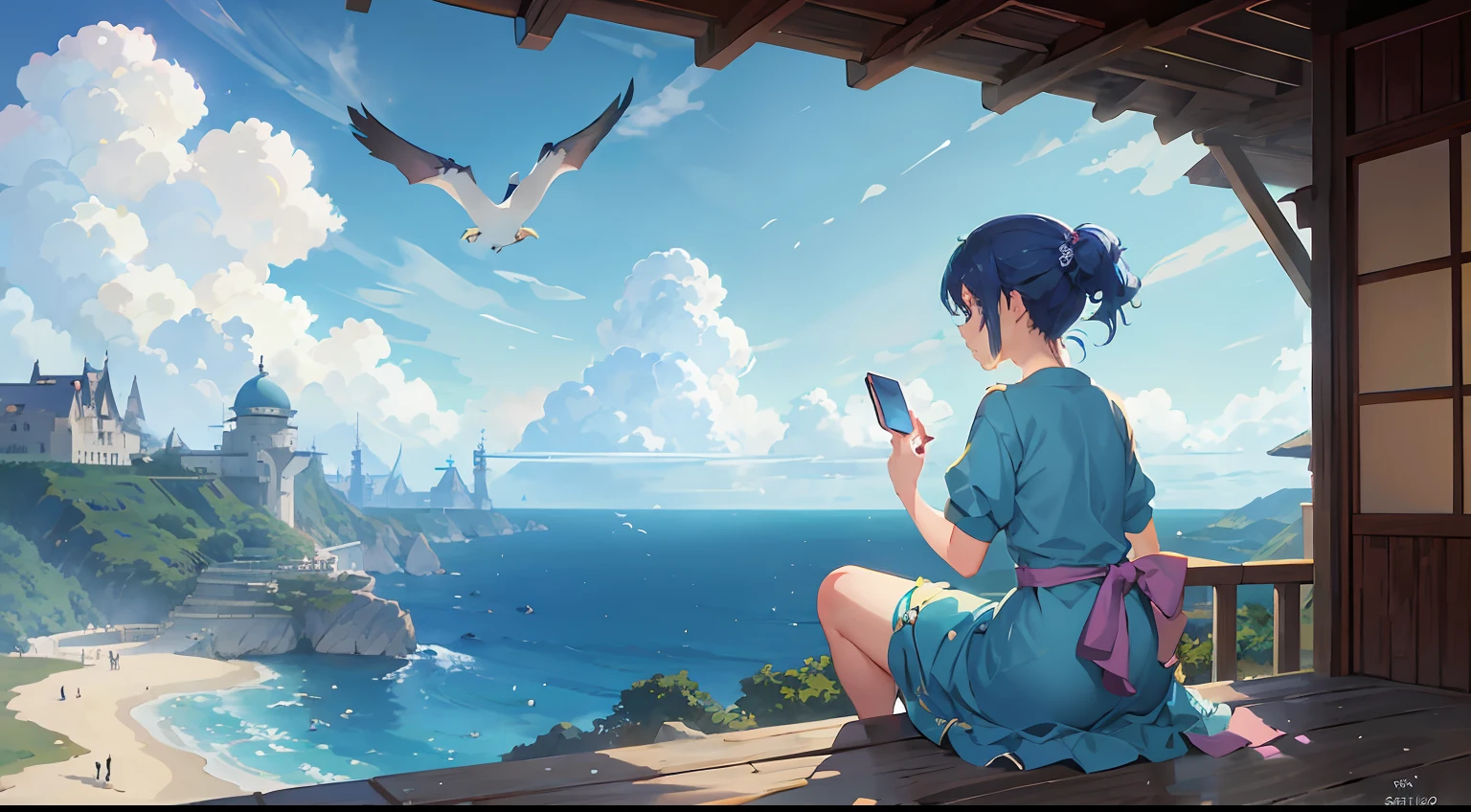 Anime setting of a girl sitting on the balcony of a cabin facing the sea, por Miyazaki, makoto shinkai cyril rolando, Amazing Miyazaki, miyazaki's animated film, estilo de arte studio ghibli, bela cena de anime, filme miyazaki, estilo de hayao miyazaki, inspirado em Miyazaki, filme miyazaki, estilo de arte ghibli --auto