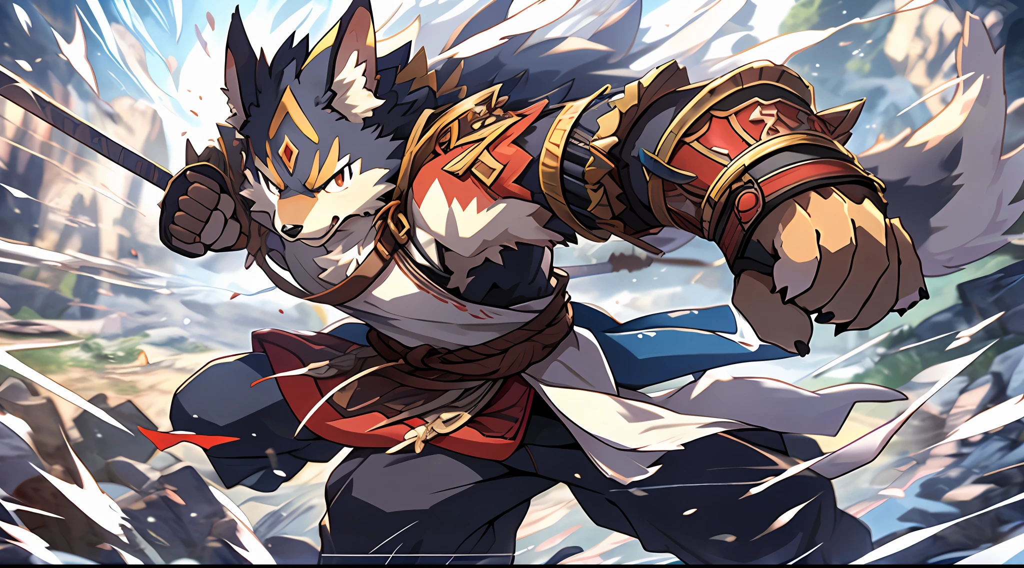 top quality, high-quality illustrations((masterpiece))depth of field, motion blur, absurdres, Perfect Anatomy, magnificent picture of kemono fighting fierce battles, kemono, 1boy, solo focus, Anthro((dramatic))epic, weapon, dynamic pose, One scene of movie,