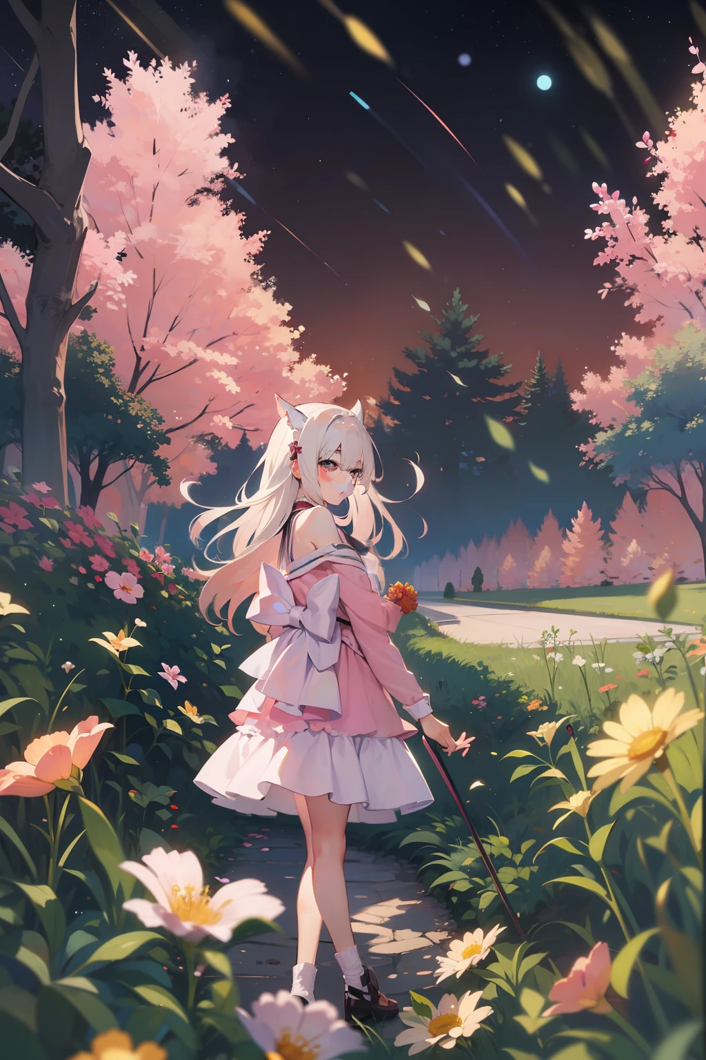 blanche、amarelo、shuicolor、pink there。1 high school girl walking in the cosmos field、