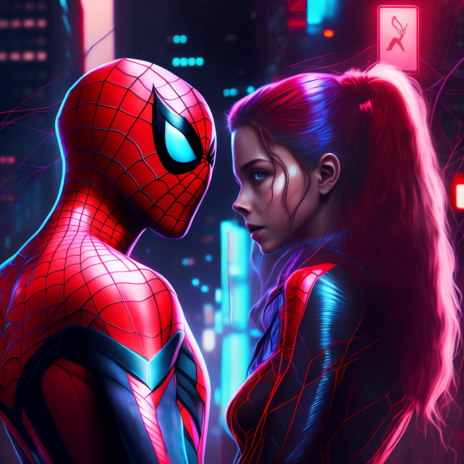 Spider man, spider woman, Cyberpunk,8k.