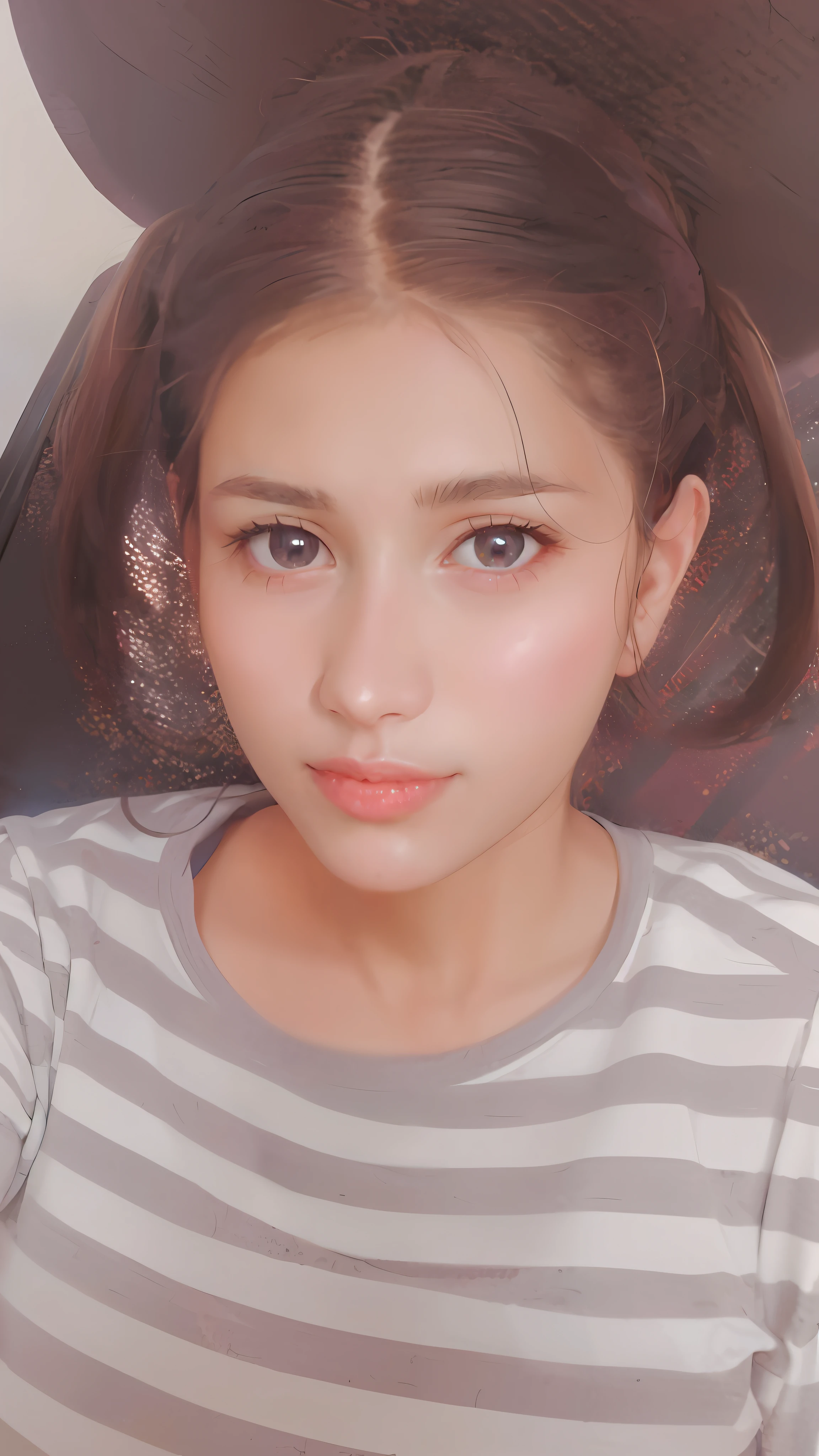 there is a young girl sitting in a chair with a hat on, with accurate face, beuatiful face, beutiful face, 18 years old, with cute - fine - face, innocent look, very very very beautifull face, face picture, with small nose, very very low quality picture, 1 6 years old, 3 0 years old woman