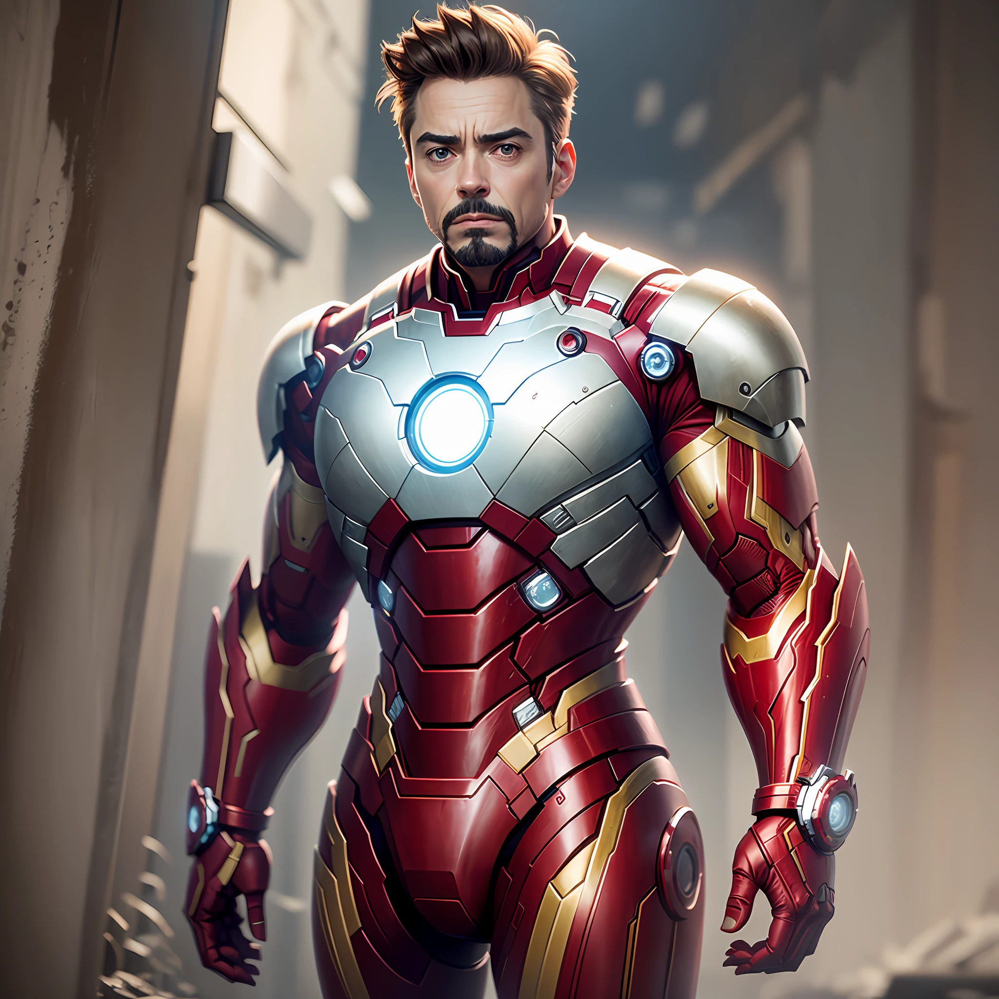 Homem de ferro- homem branco , belas artes, ps5 cinematic screen capture, com rosto do Robert Downey Jr., Standing in front- with iron man armor, detailed cinematic render, raytricing ultra fotorrealista, with cinematic lighting --auto --s2