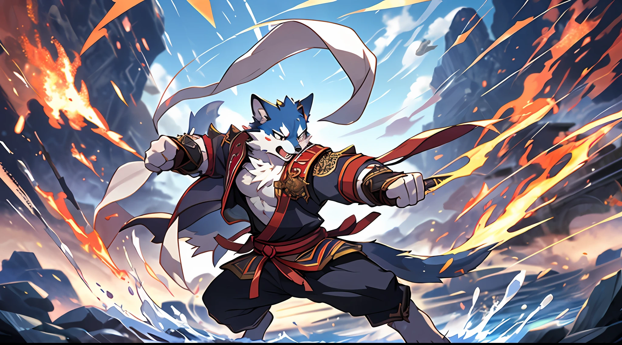 top quality, high-quality illustrations((masterpiece))depth of field, motion blur, absurdres, Perfect Anatomy, magnificent picture of kemono fighting fierce battles, kemono, 1boy, solo focus, Anthro((dramatic))epic, weapon, dynamic pose, One scene of movie,