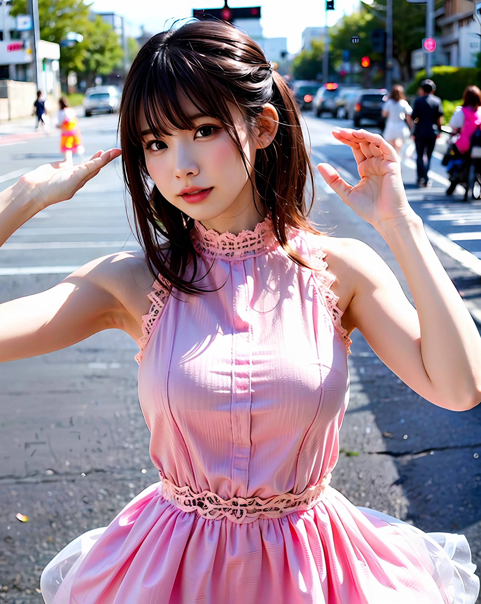 a woman posing on the street corner with pink dress on, best quality, high res, 8k, 1girl, (huge breasts), day, bright, outdoor, (street:0.8), (people, crowds:1), (lace-trimmed dress:1.5, pink clothes:1.5, pink high-neck dress:1.5, sleeveless dress, pink dress: 1.5), gorgeous, (medium hair), beautiful detailed sky, beautiful earrings, (dynamic pose:0.8), (upper body:1.2), soft lighting, wind, shiny skin, looking at viewer,