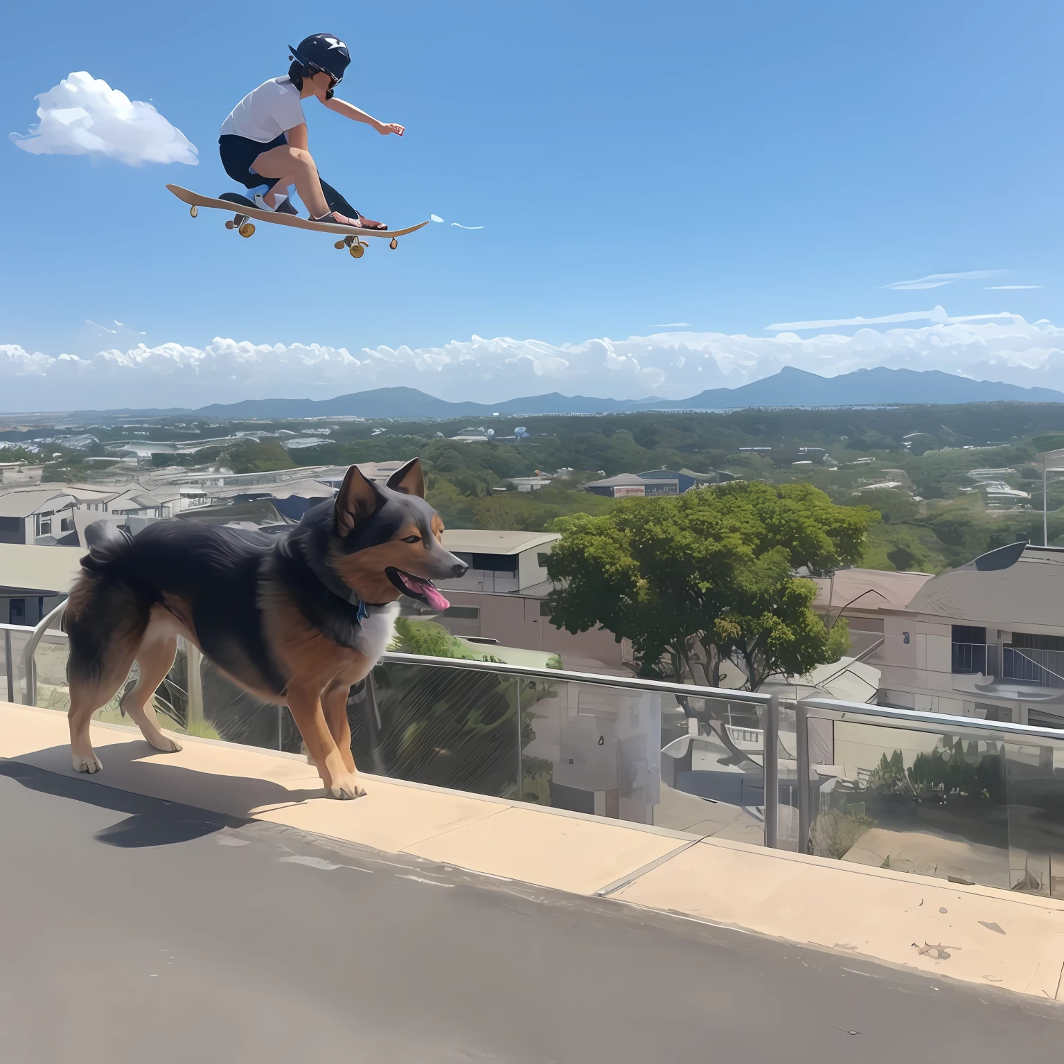 Dog riding a skateboard、blue-sky、Flying Dog