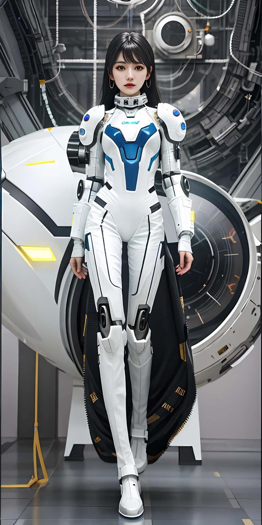 Arapefi, wearing white straitjacket, Stand in front of the clock, porcelain cyborg armor, cyborg tech on body and legs, science fiction suit, white cyborg fashion shot, Put on futuristic space gear, science fiction suit,, cyborg fashion model, biopunk futuristic wardrobe, cyborg fashion shot, beautiful woman in spacesuit, sci-fi mech,perfect bodies,Delicate facial features,