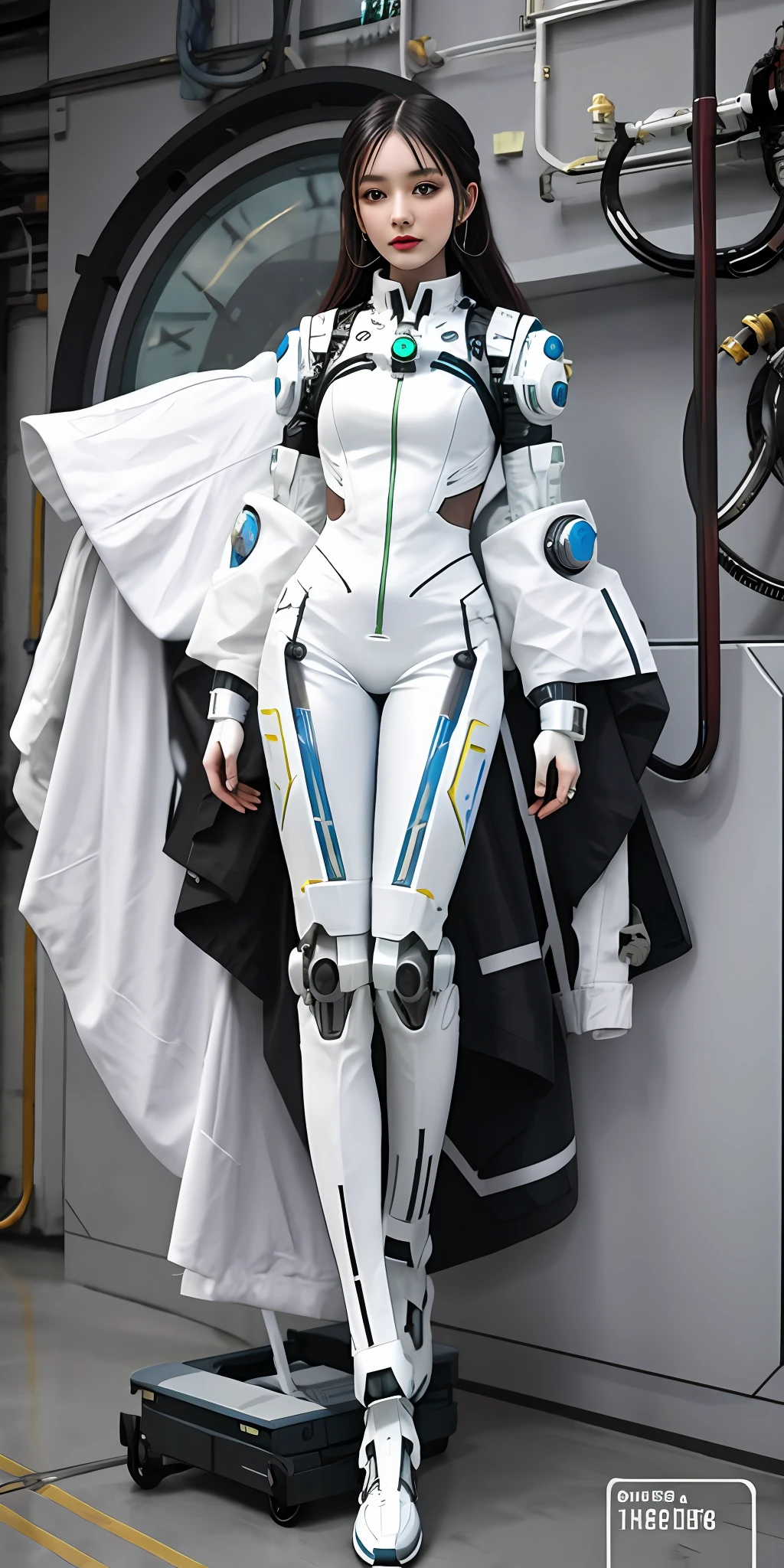 Arapefi, wearing white straitjacket, Stand in front of the clock, porcelain cyborg armor, cyborg tech on body and legs, science fiction suit, white cyborg fashion shot, Put on futuristic space gear, science fiction suit,, cyborg fashion model, biopunk futuristic wardrobe, cyborg fashion shot, beautiful woman in spacesuit, sci-fi mech,perfect bodies,Delicate facial features,
