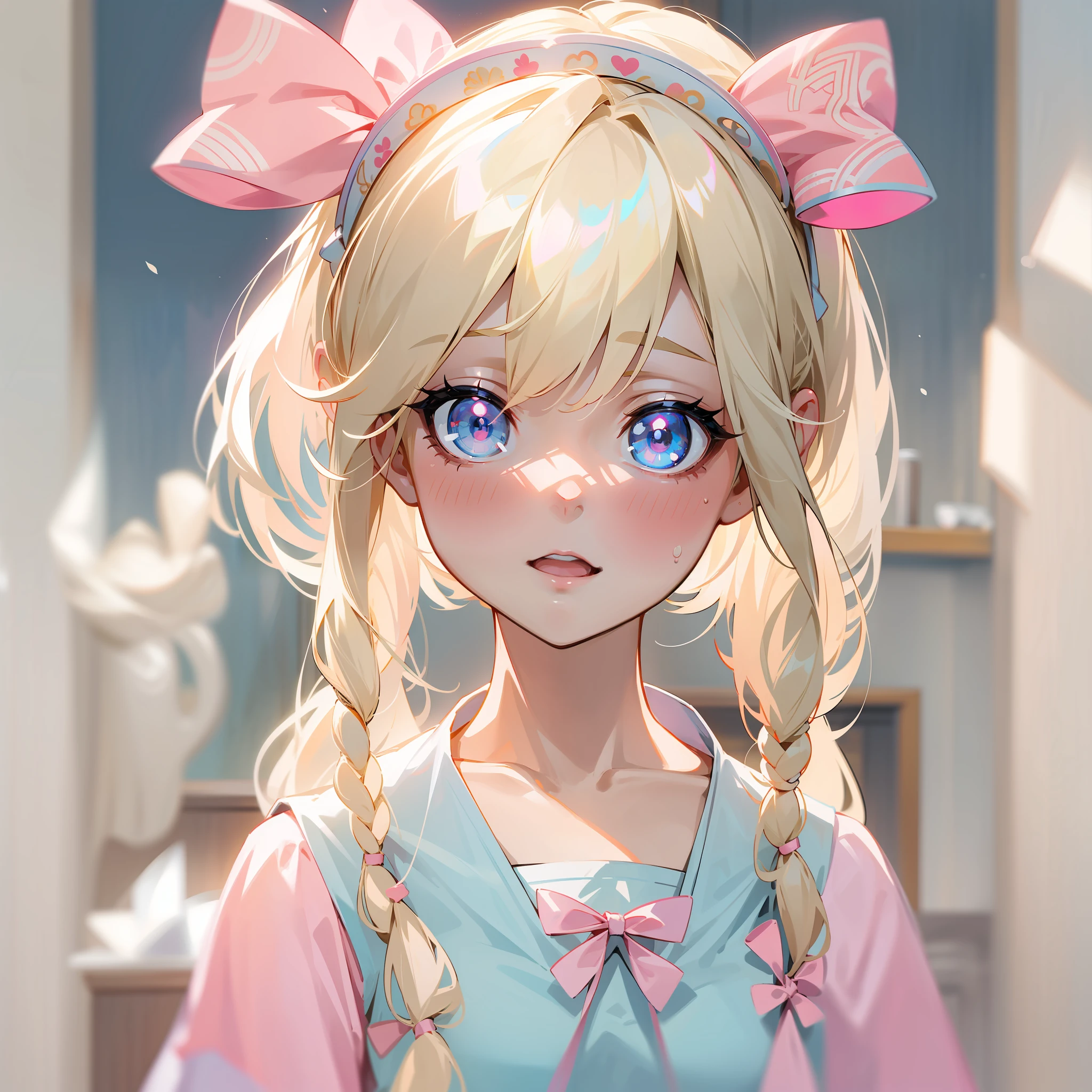 8K，blond girl，Stupid cute，china doll face，Wear a pink bow on her head，Light blue pupils，whiteskirt，Need，tmasterpiece，White filament，Long hair