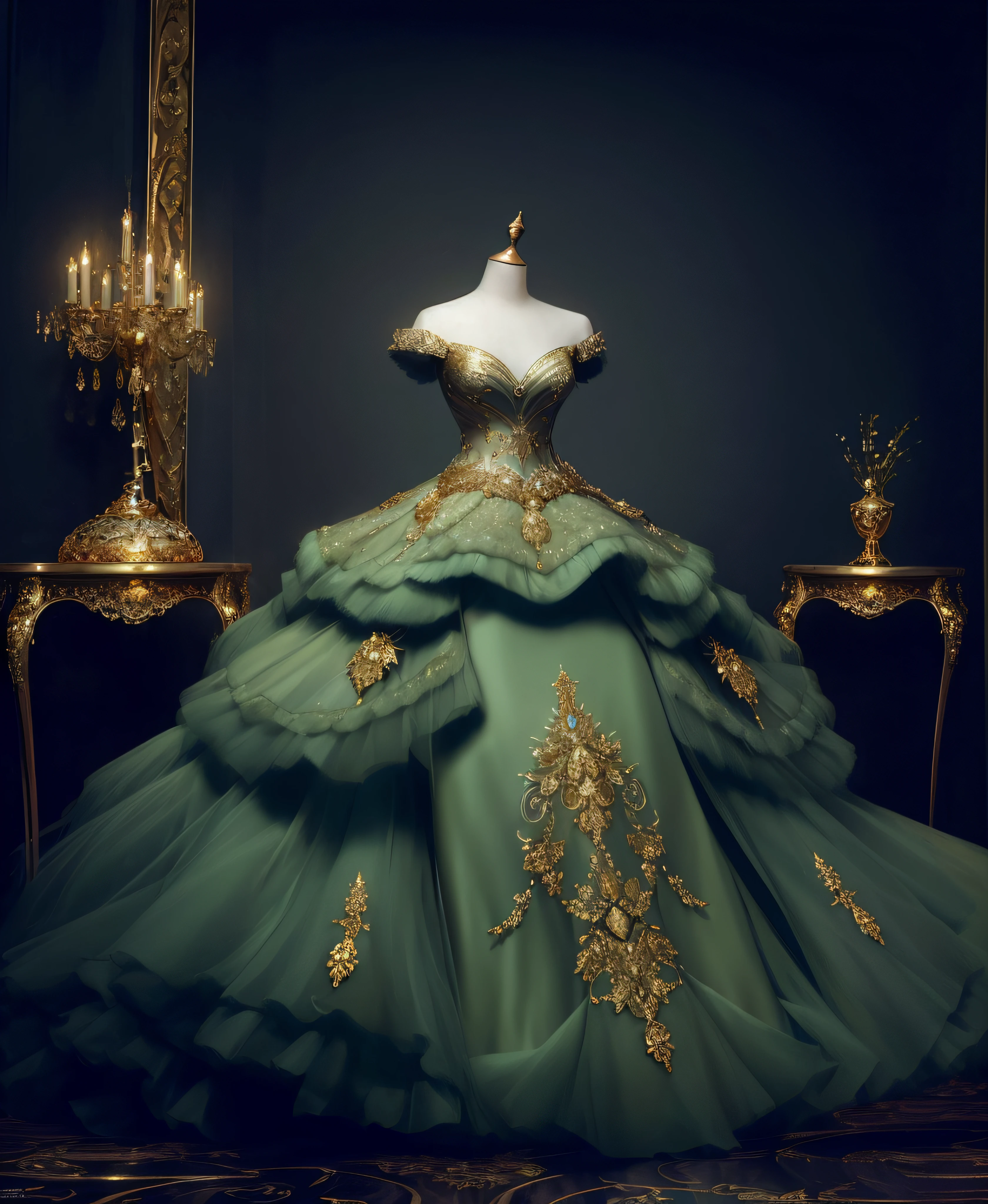 a hyper realistic photograph of a girl standing wearing a majestic light beige and gold ball gown dress, big beautiful dress, intricate puffy ball gown with lots of ruffles and rhinestones (Best quality, masterpiece, ArtStation, Fantasy Art:1.2), a palace room, a beautiful cute girl, (long white hair:1.1), (intricate short gold skirt, bare legs:1.2, full body shot)