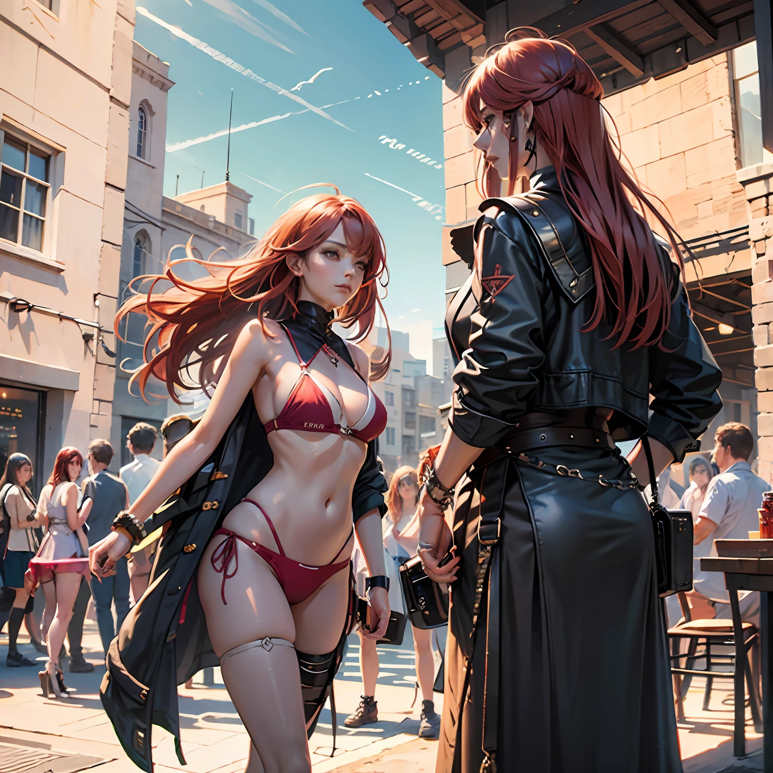 femele，1.68 meters，36E big breasts，plumw，Cocked buttocks，Vest line，sandbeach，tall nose bridge，largeeyes，Cherry small mouth，Royal sister style，Long red hair，Pink tong，Pink swimsuit underwear，white skinned，The faces are angular，Cafe，The expression is leisurely，Slender fingers，No manicures，4K real-world scenes，Urban retreat，Blue waters，the setting sun，evening light --auto