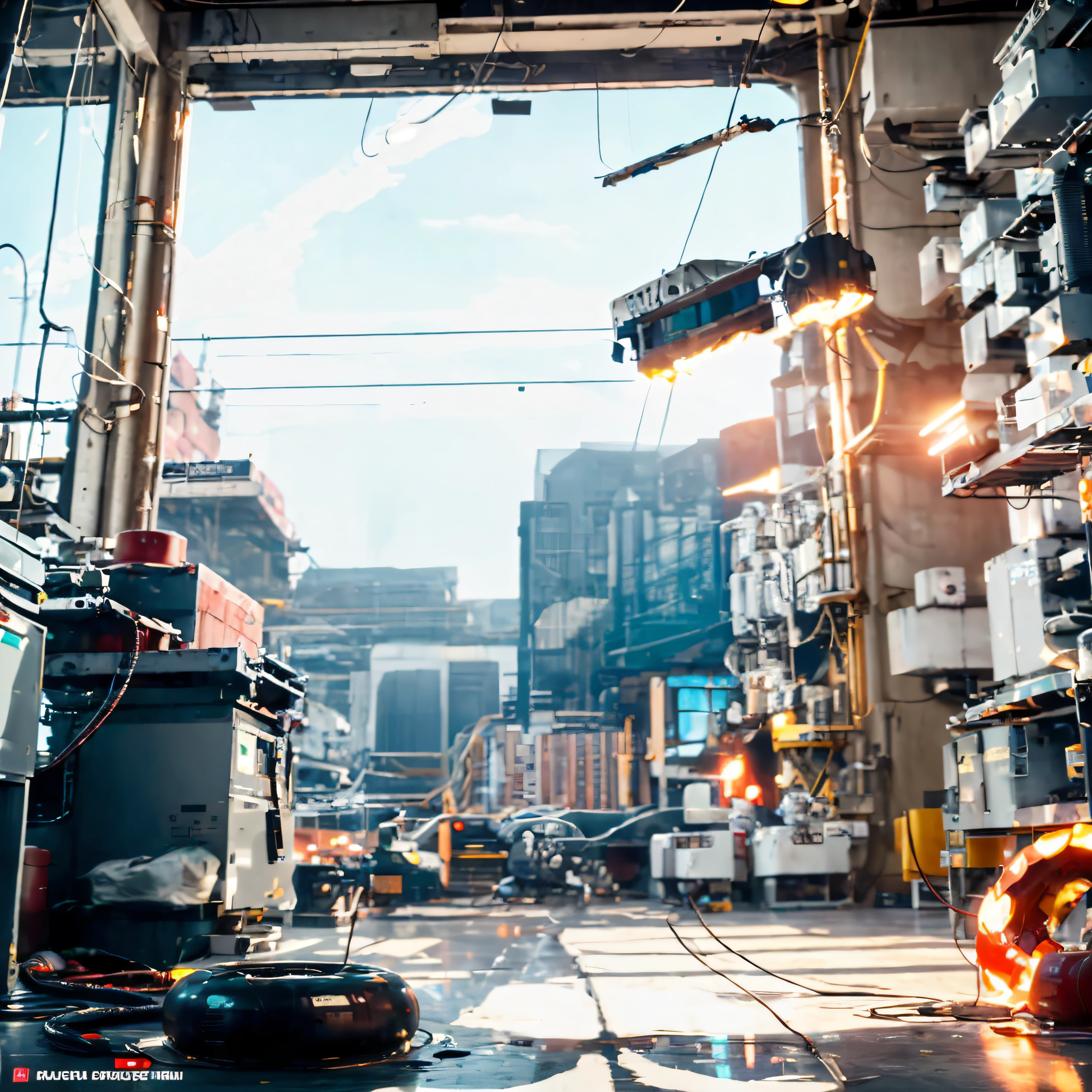 ((best qualtiy)), ((tmasterpiece)), (A detailed:1.4)8K,There is a building,There are a lot of lights inside, in a sci-fi shipping port, machines and wires everywhere, industrial photography, Lots of cables and neon signs, Machinery and wires, industrial setting, dynamic scene, industrial setting, interior of a huge robot factory, in a futuristic cyberpunk city, Photo of futuristic cityscape, author:Thomas Hefner, shipyard