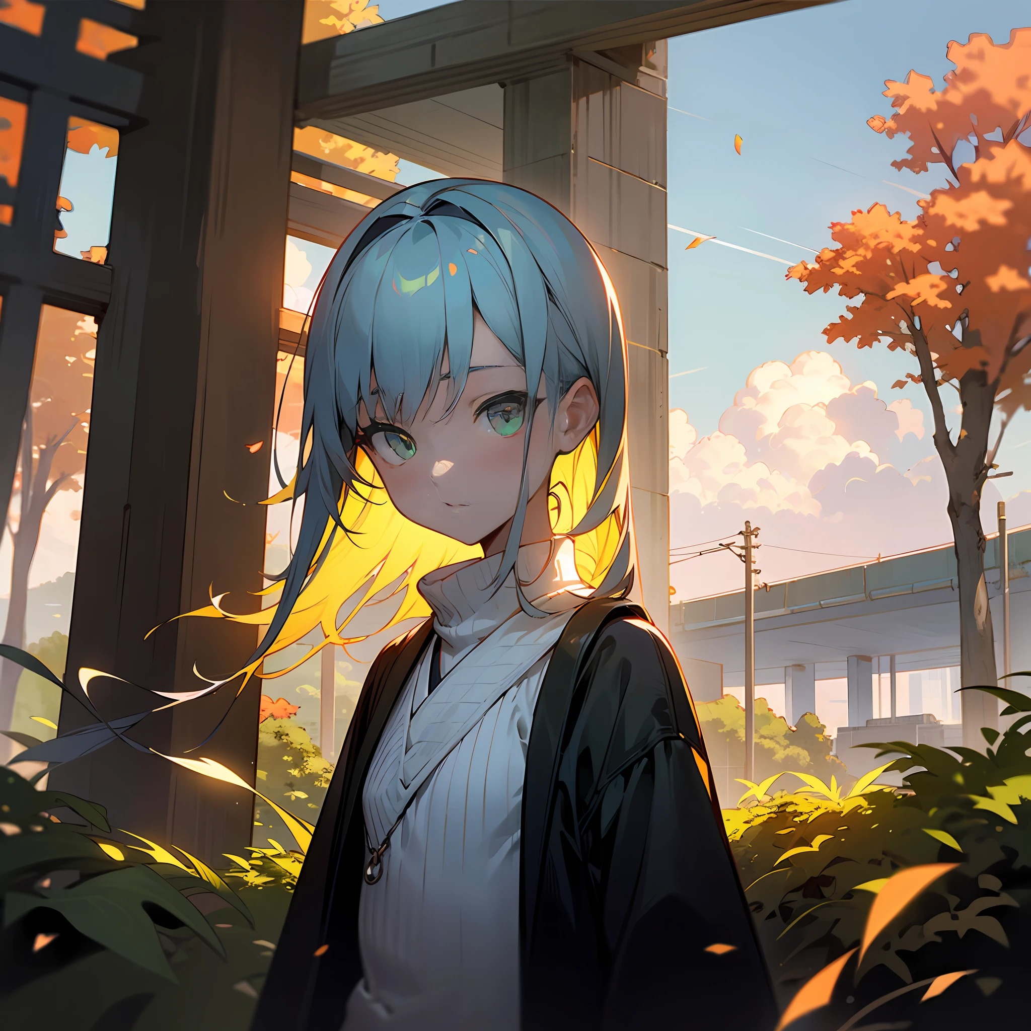 jpn,A high resolution,HighestQuali,illustratio,ultra - detailed,(详细的脸),(Detailed eyes),gentlesoftlighting,best qualtiy,hazy glow,Fantastic atmosphere,ultra - detailed,tmasterpiece,1 boy,独奏,silber hair,green-eyed, knitwear, eyes with brightness, middlebreast, (colored), cowboy lens, exteriors, Evening, clouds, tall buildings in background, industry, Public Transport, 城市, Concrete Building, concrete, pedestrian walkway, busy, the trees, autumnal, falling leaf,Upper body nudity --auto