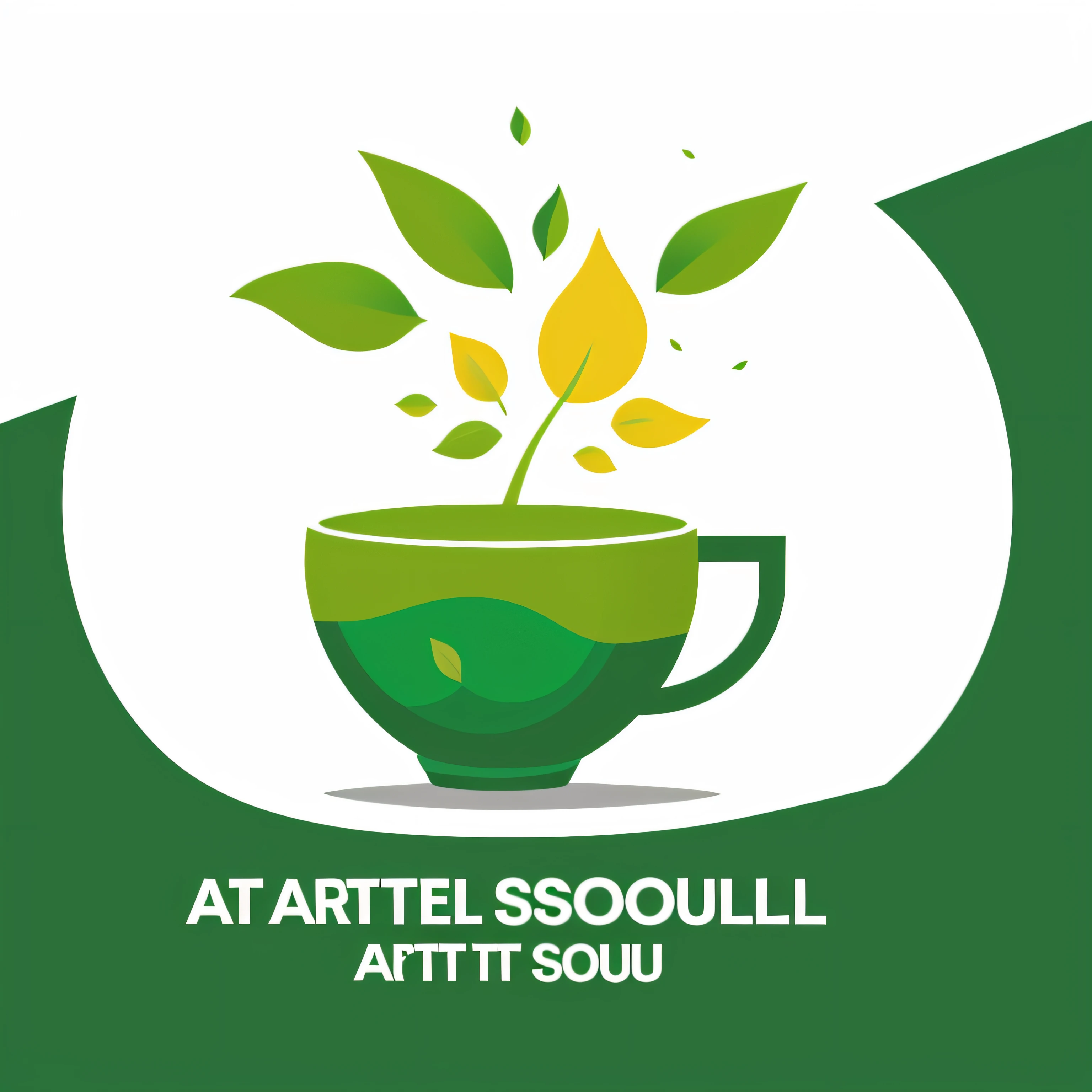 Best company logo, green tea logo, tea cup logo, tea leaf logo, herbal tea logo, healthy drink vector, road vector, white background, logo vector, brand logo, text below, keep text, clear image, central axis, detailed, logo, vector, line art, inspiration, symbol of art inside|sun|leaf|tea tree, modern font, texture, vector, colors: green and yellow, minimalist, simplified, (((artsoul)))
