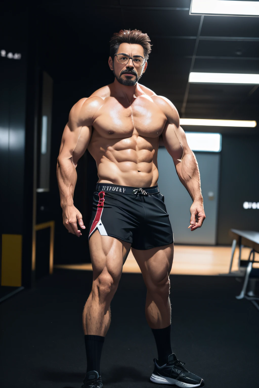 Marvel,Old man Tony Stark,realisticlying,dynamic lights,Ex,Gray stubble,full shoot,(非常详细的 CG 统一 8k 壁纸),Trends on Artstation,Trends on CGSociety,high detal,tack sharp focus,dramatic,Photoreality,large muscle,chest muscle,Black socks,Black sports shorts