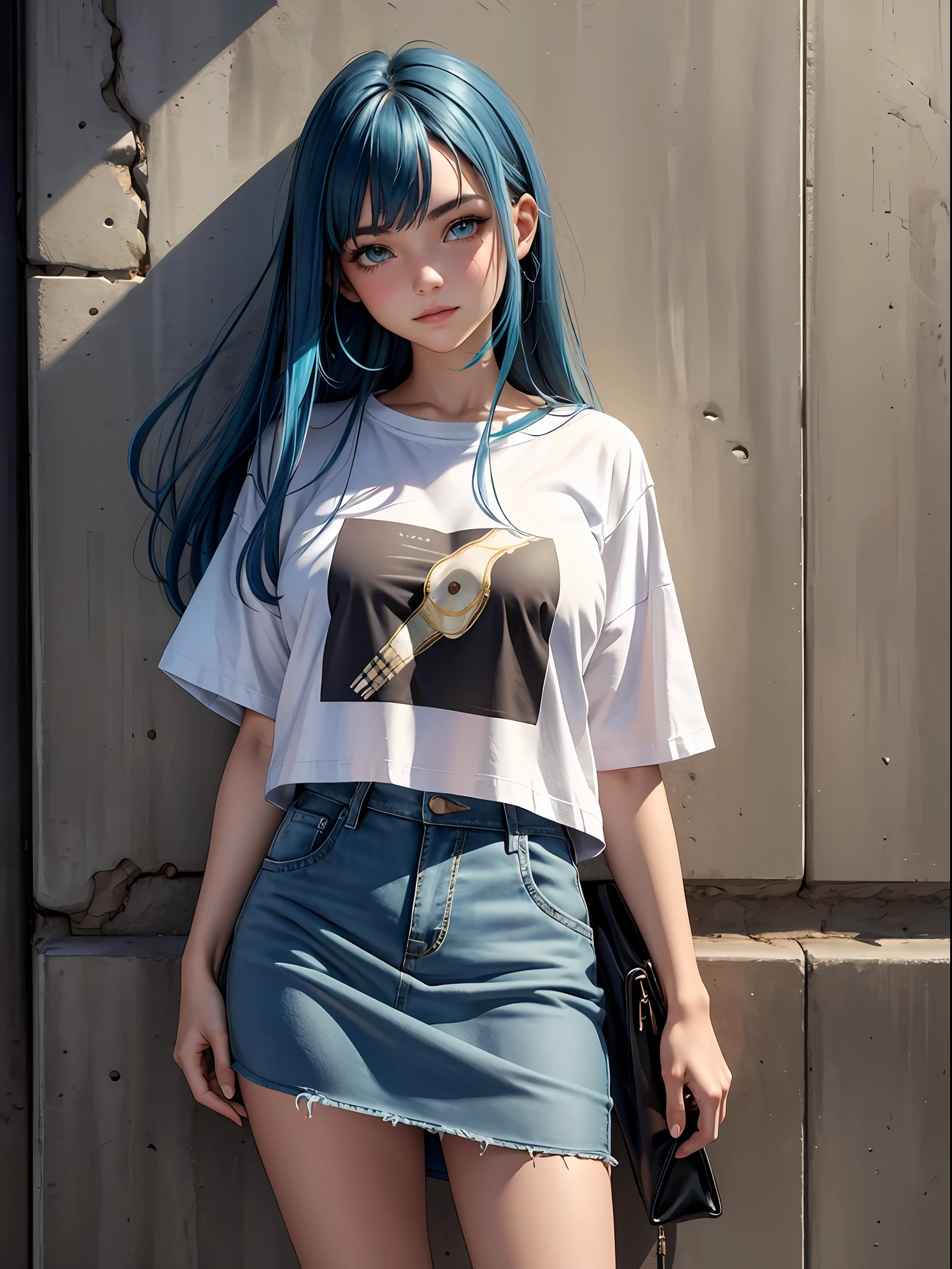 top-quality, intricate detailes, chromatic abberation, 1girl in, Smoking, length hair, Blue Highlights, heterochromia iridis, Gentle smile, Oversized T-shirt, Super Super Mini Skirt, Pull up your skirt to show your panties, Cowboy Shots, wind lift, (oversize tshirt: 1.2 inch), against a wall, Concrete walls, doodle, Dim lighting, alleyway