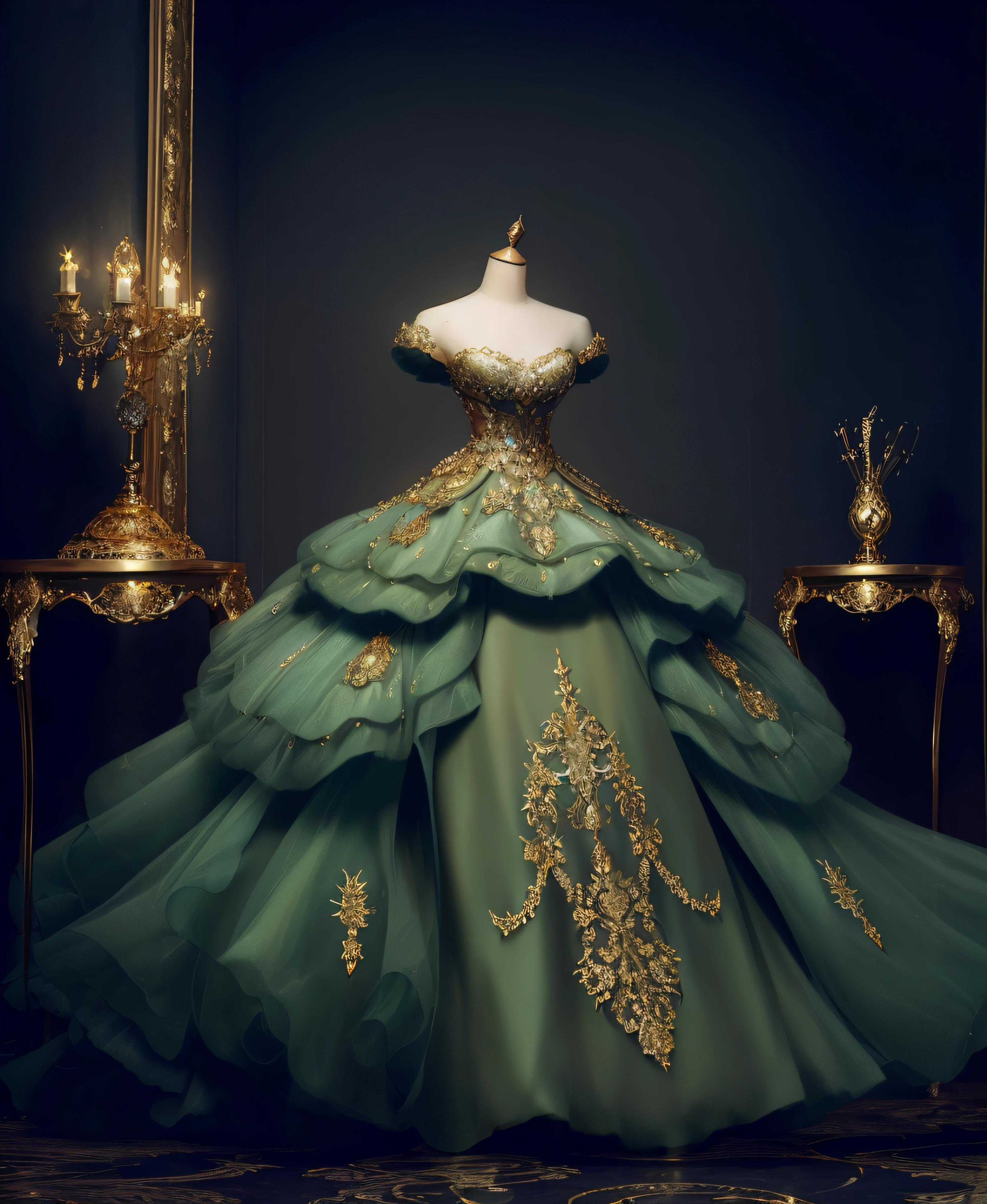 a hyper realistic photograph of a girl standing wearing a majestic light beige and gold ball gown dress, big beautiful dress, intricate puffy ball gown with lots of ruffles and rhinestones (Best quality, masterpiece, ArtStation, Fantasy Art:1.2), a palace room, a beautiful cute girl, (long white hair:1.1), (intricate short gold skirt, bare legs:1.2, full body shot)