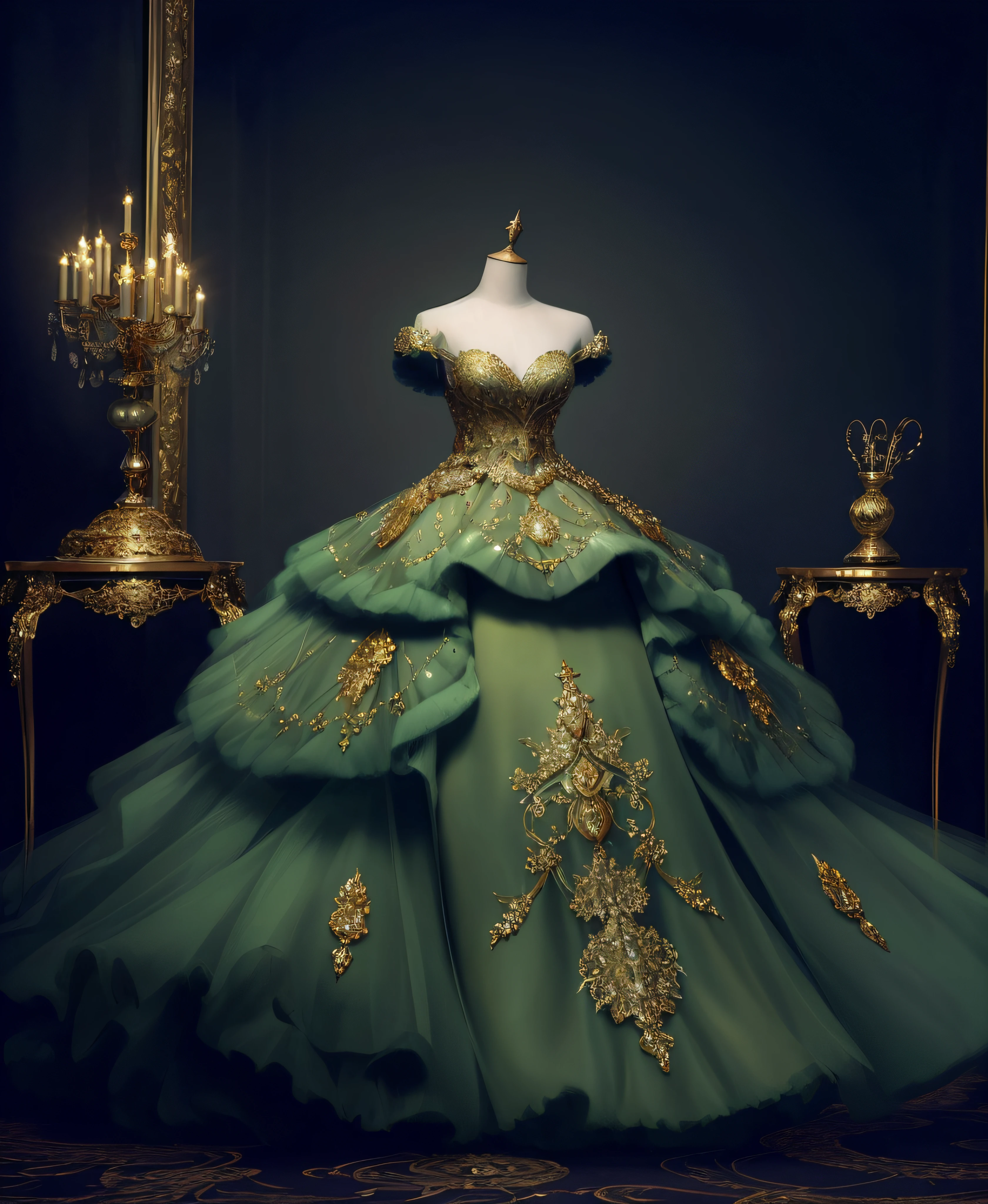 a hyper realistic photograph of a girl standing wearing a majestic light beige and gold ball gown dress, big beautiful dress, intricate puffy ball gown with lots of ruffles and rhinestones (Best quality, masterpiece, ArtStation, Fantasy Art:1.2), a palace room, a beautiful cute girl, (long white hair:1.1), (intricate short gold skirt, bare legs:1.2, full body shot)