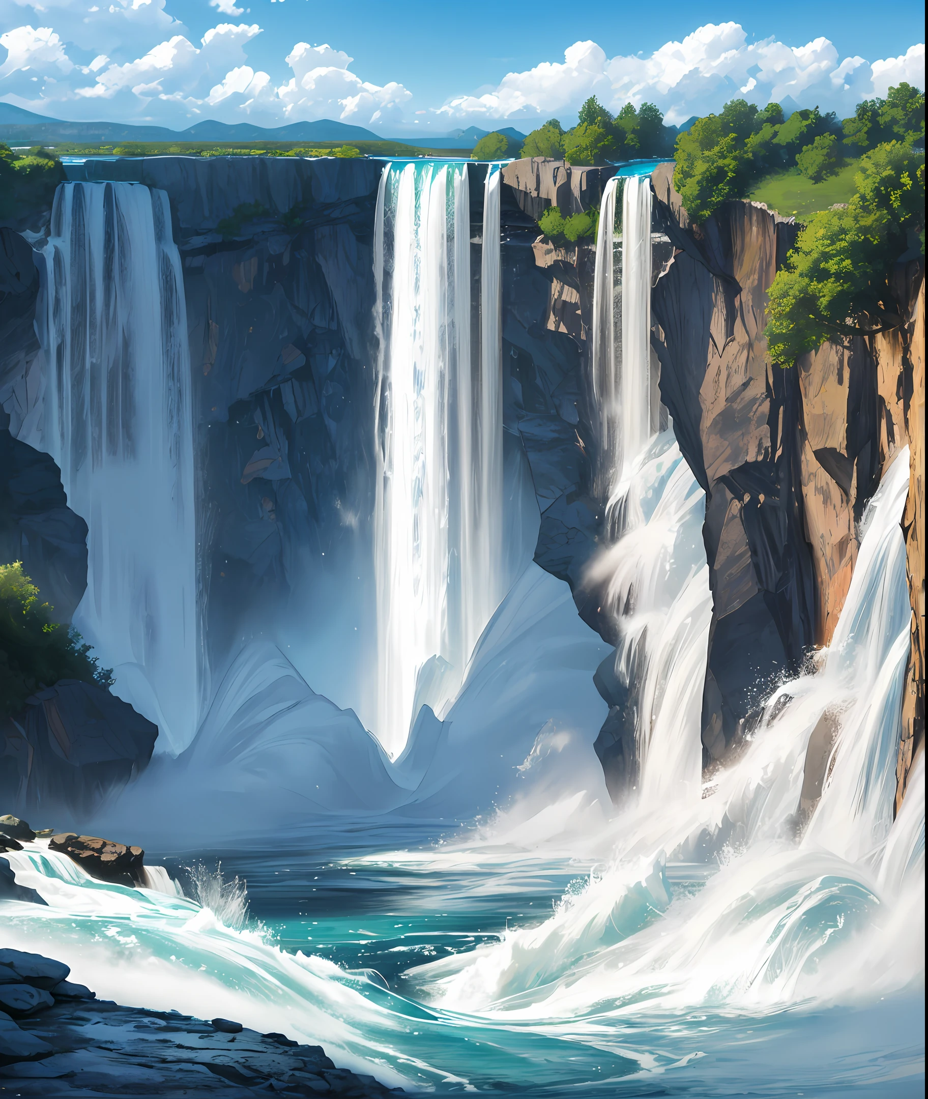 Forest view, so much water falling down, incredible water, realistic water, like niagara fall, beautiful sky, big rocks, some people having bath, colourful theme, hyper realistic, perfect view, perfect water details,