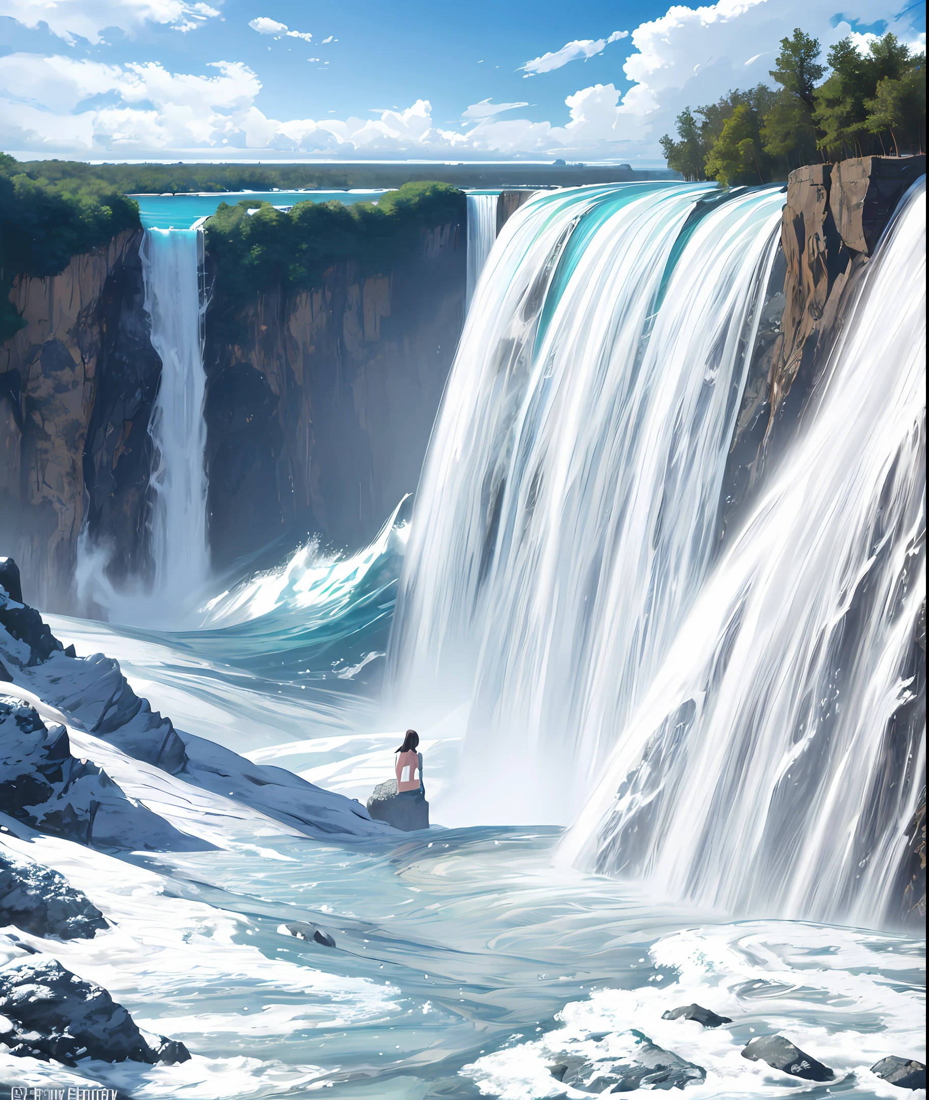 Forest view, so much water falling down, incredible water, realistic water, like niagara fall, beautiful sky, big rocks, some people having bath, colourful theme, hyper realistic, perfect view, perfect water details,