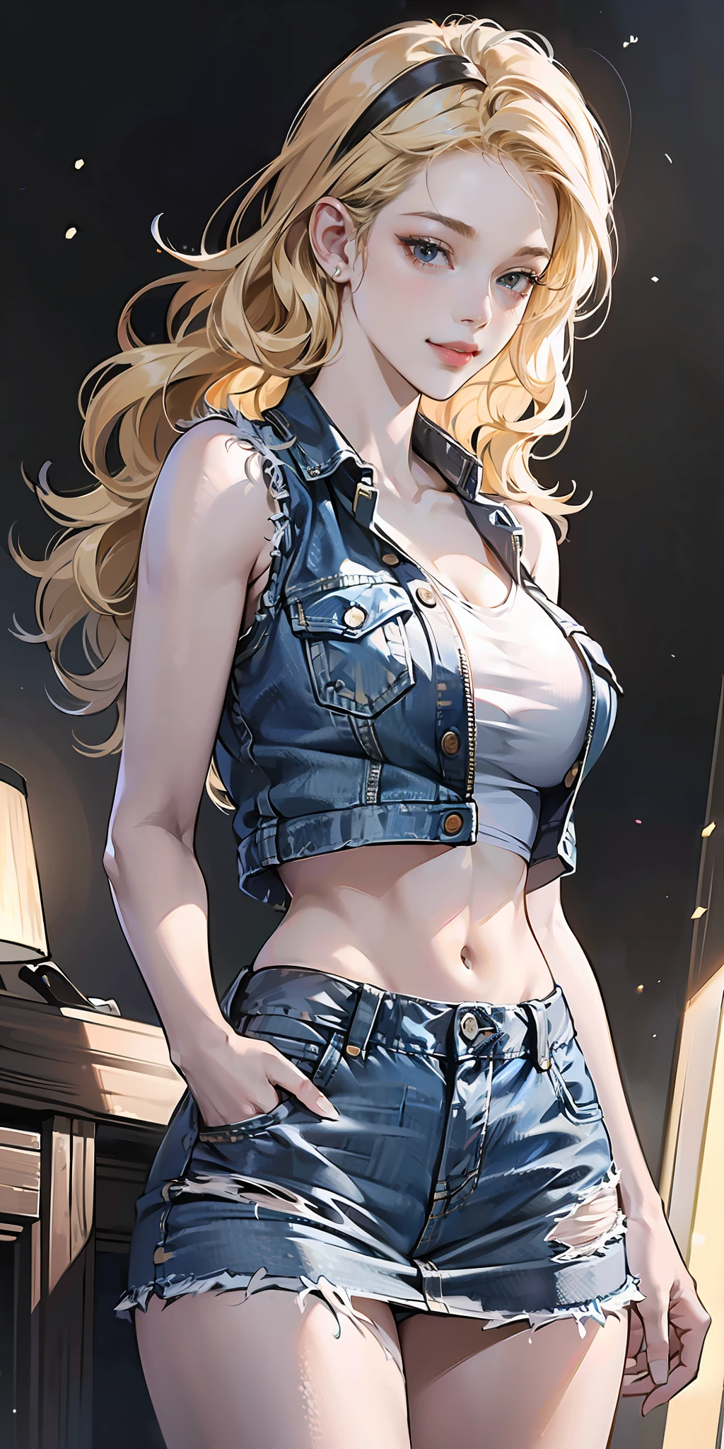 (Masterpiece: 1.4, Best Quality), (Intricate Details), Unity 8k wallpaper, super detailed, beautiful and beautiful, perfect lighting, (1 girl), (blonde hair, black eyes, big breasts), dynamic pose, dynamic angle, lipstick, big breasts, detailed background, realistic, solo, perfect detailed face, detailed eyes, highly detailed, blush, hair accessories, smile, (denim vest, no underwear, open vest, exposed internal test breasts: 1.5), exposed navel, (super short denim skirt:1.5), thin waist, big ass, standing, (Long wavy, curly, long wavy), long hair, femininity, knees