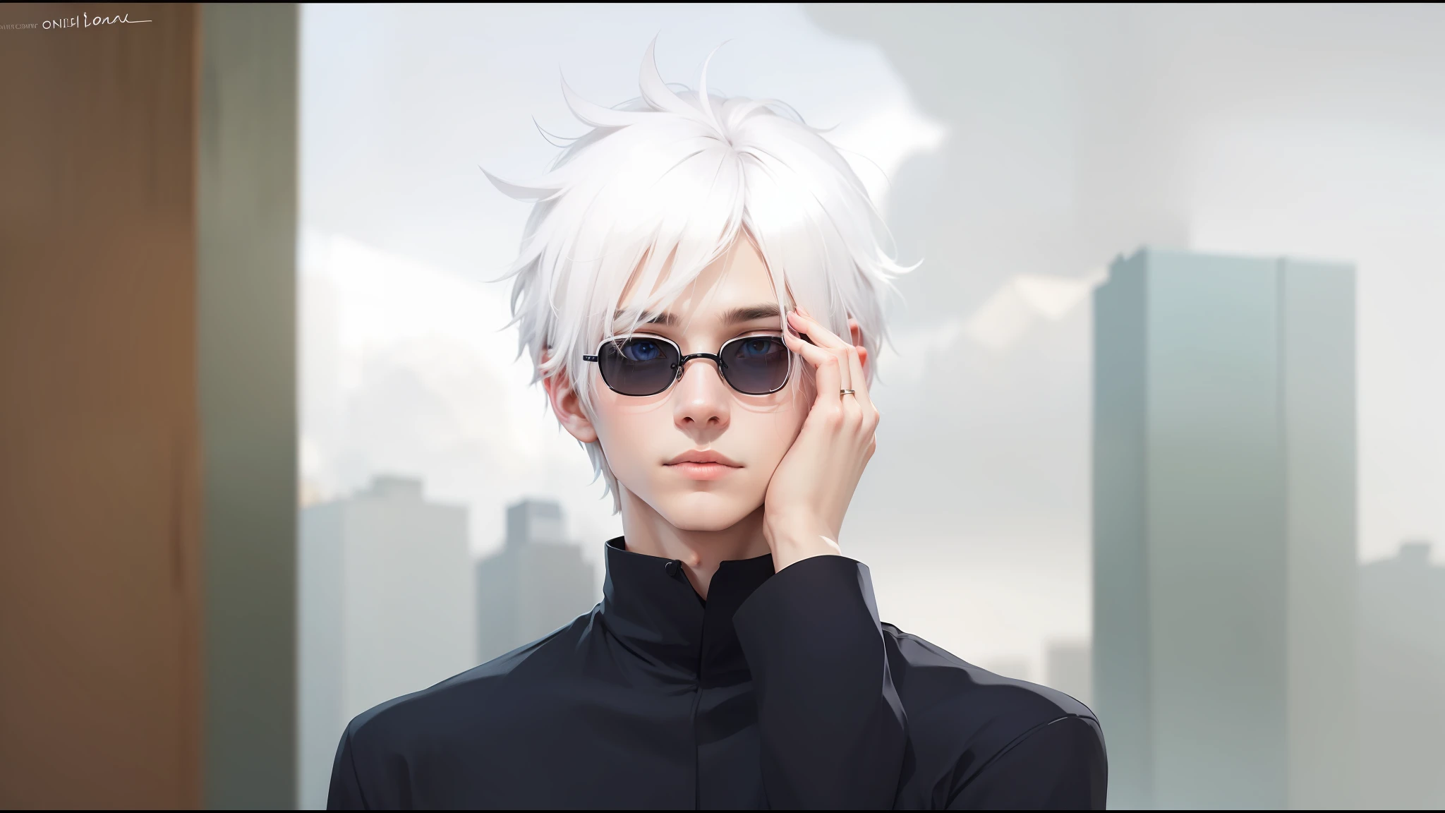 One boy , best quality, white hair, black glasses