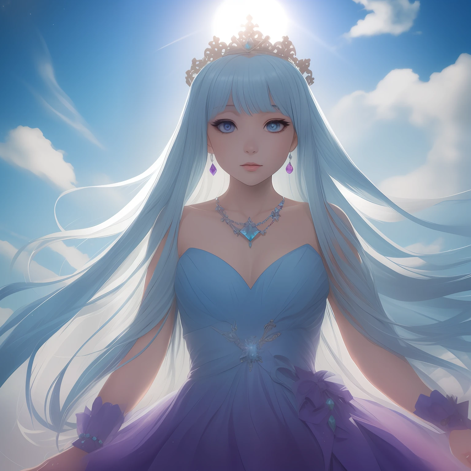 (Light blue gradient long hair:1.3+Blue-purple star pupils:1.2+Light blue princess dress)+Jewel Crown+adiamondnecklace+Blue bracelet+Shoot into the sun --auto