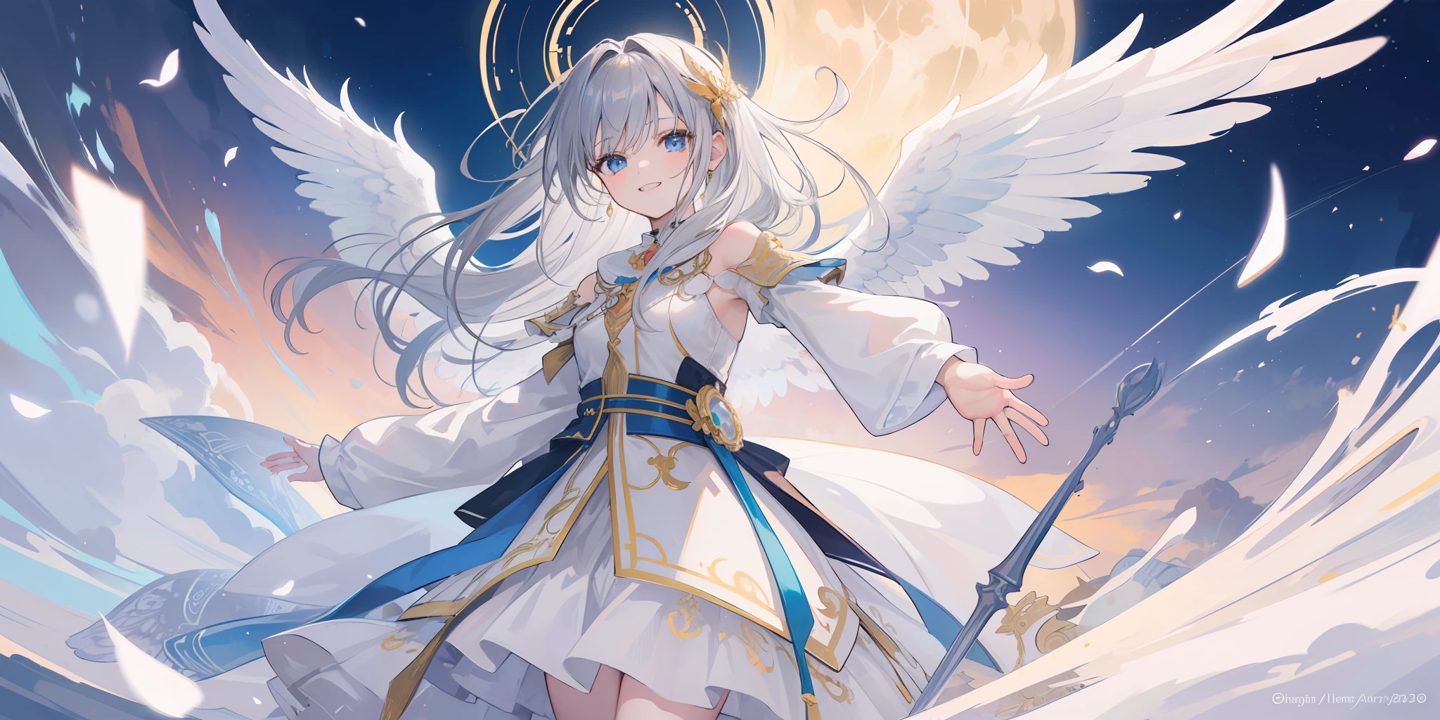 ((High resolution of the highest quality)), (Masterpiece High Quality:1.2), Circle of Angels, Blue eyes, very long gray hair, Disheveled long hair, the wind,Angelic laughter, A slight smil , Angel clothing, Warm light from behind, Heavenly Light, Hands are outstretched, Angel wings, floating island, Fantasy background, Clear,