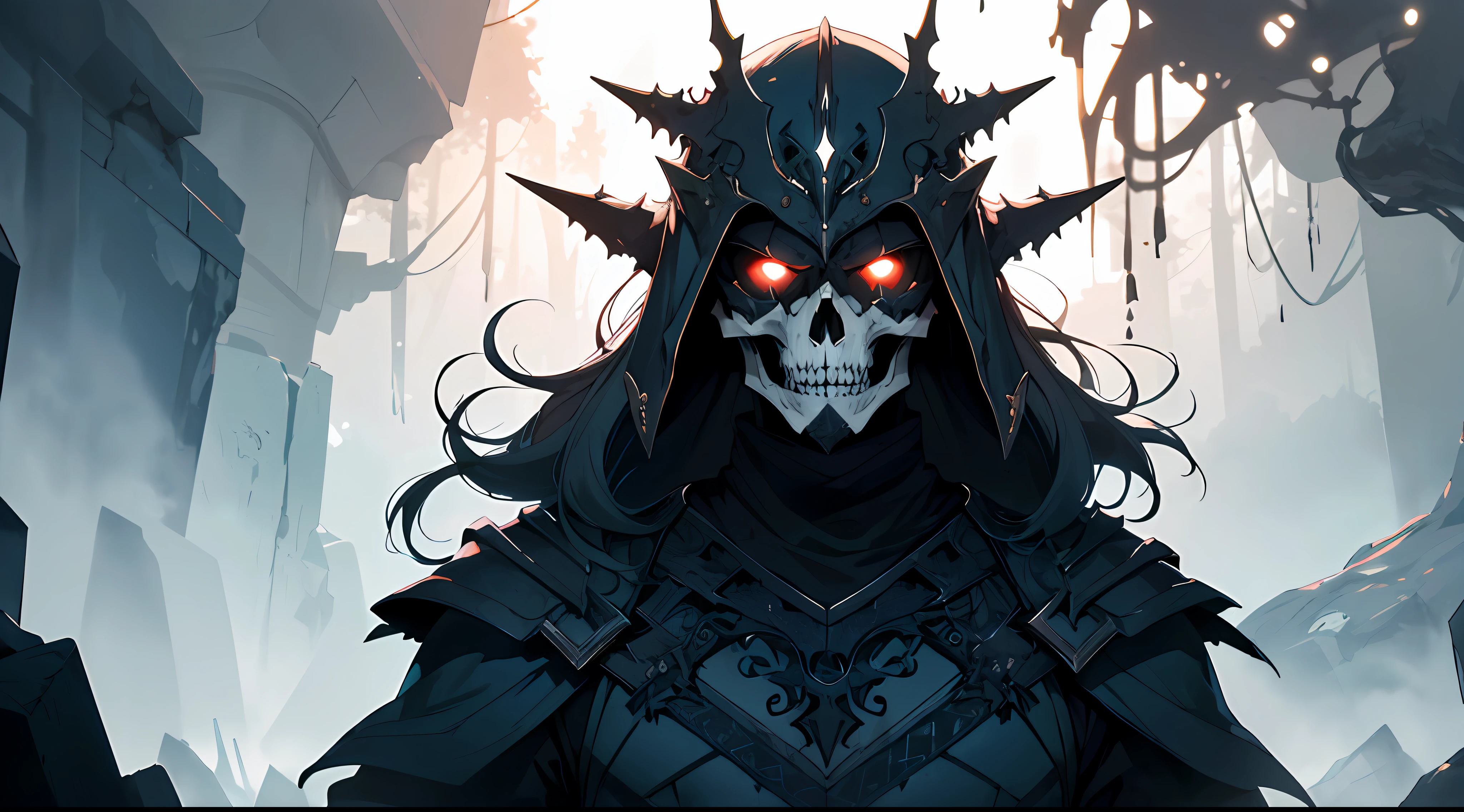 melhor qualidade de imagem, obra-prima, super high res, ultra-detalhado, Imagine a chilling scene of a legendary warrior with a face haunted by death, In the Heart of Darkness, where the sun's rays never reach. His countenance is carved from ancient bones, com olhos brilhantes como brasas ardentes. In skeletal traits, The emotion was lost a long time ago, replaced by an aura of relentless determination. Vestido com uma armadura negra e macabra, covered in enigmatic runes, He is like a sinister figure emerging from the depths of darkness. His sword is forged in black metal, with intricate details depicting demonic faces and grotesque skulls.