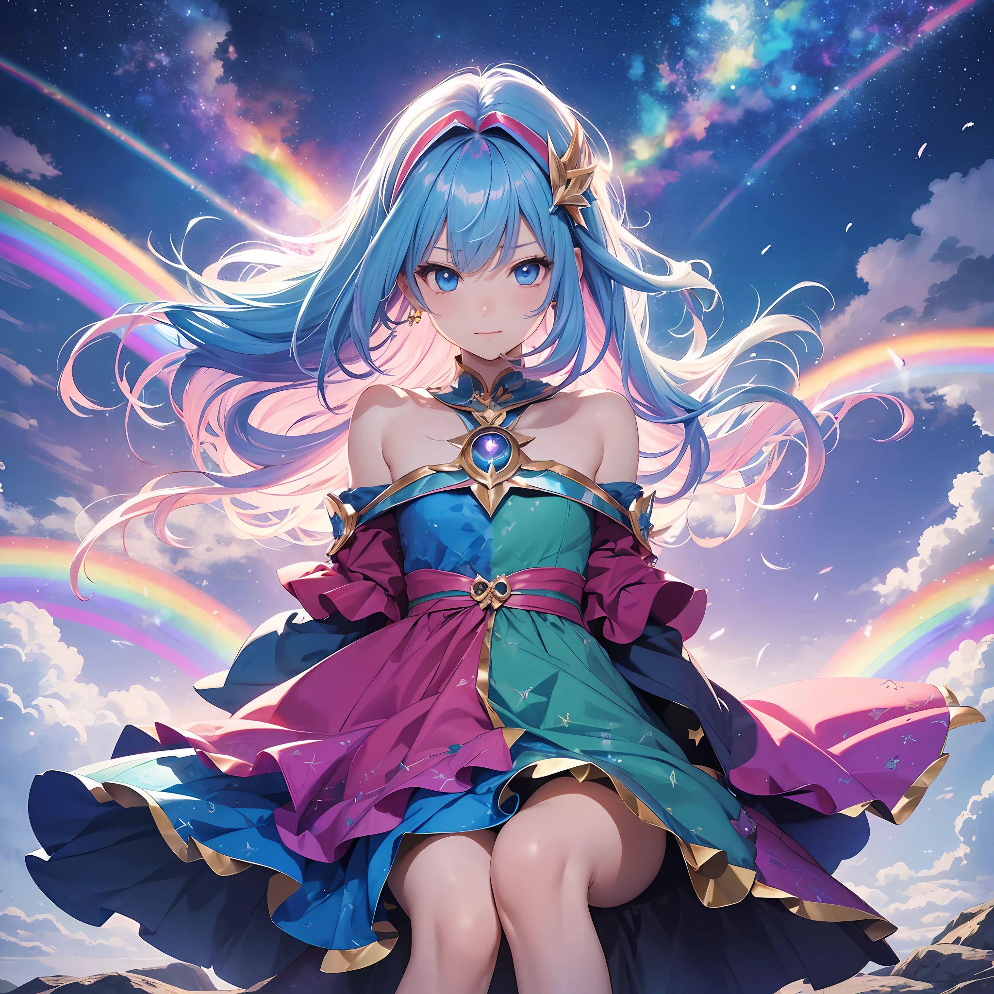 Dark Magician Girl、MKSKS style、2guys、(highly detailed back ground:1.0)、(highly detailed back ground:1.0)、masterpiece、top-quality、An ultra-high picture quality、16 K、Blue eyes、Glittering eyes、From above、Put your hands between your legs、The upper part of the body、Sitting in a plush chair、Twisting the body、Hair ornament with emerald、Reddish cheeks、Smiling、(1/2 pink and 1/2 Light blue hair、rainbow-colored hair)、(Colorful dress with a lot of draping、Rainbow dress:1.3)、Silver necklace、Silver bracelet、Bad hands, bad finger, Missing fingers, Extra fingers、(Blowing in the wind:1.4)、(Ray-like pattern:1.4)、Aurora、night sky full of stars、shooting stars、fullmoon、natta --auto