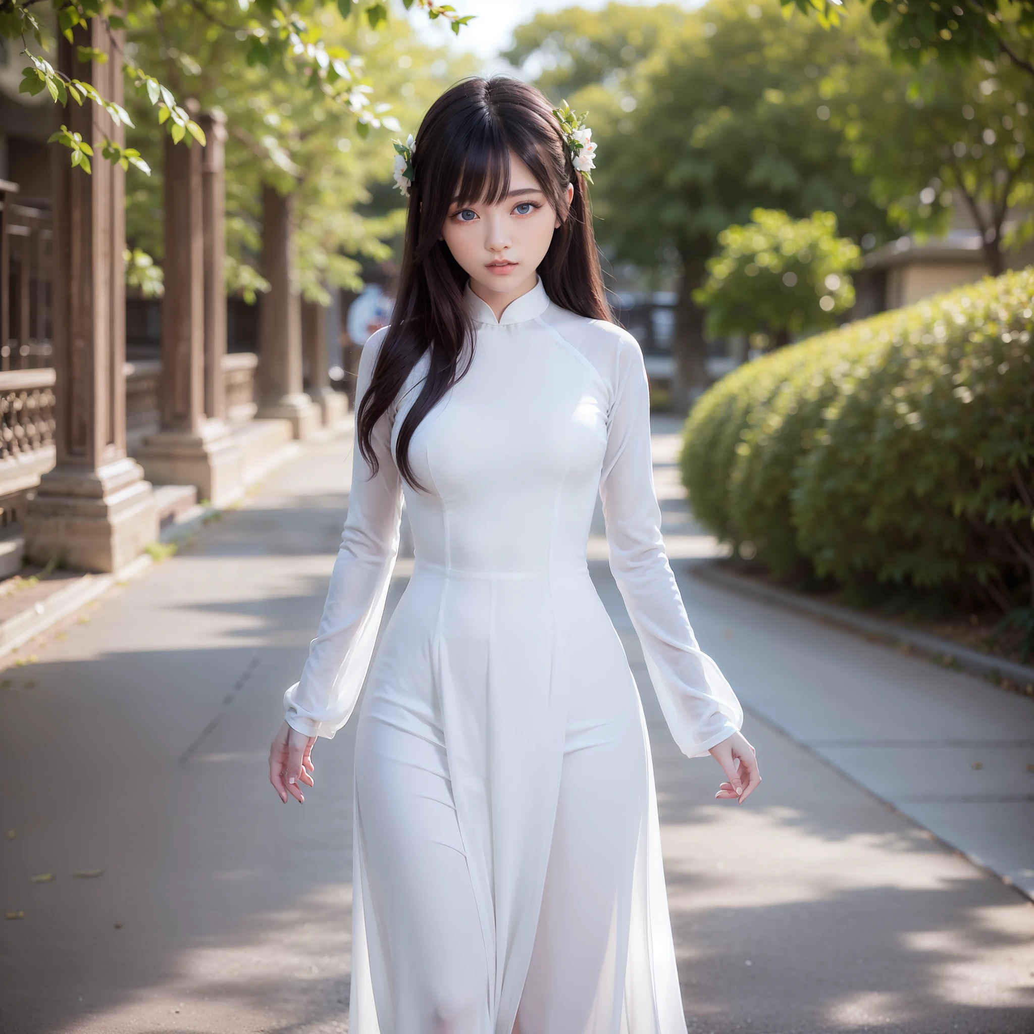 An exquisite masterpiece of a girl wearing a delicate, flowing white aodai, captured in the best quality ultra-detailed CG unity 8k wallpaper. Perfect illumination and shadow work highlights every exquisite detail as she stands in a serene and tranquil setting. The dynamic pose and angle surely commands attention, while her captivating blue eyes and black hair pull you in deeper.