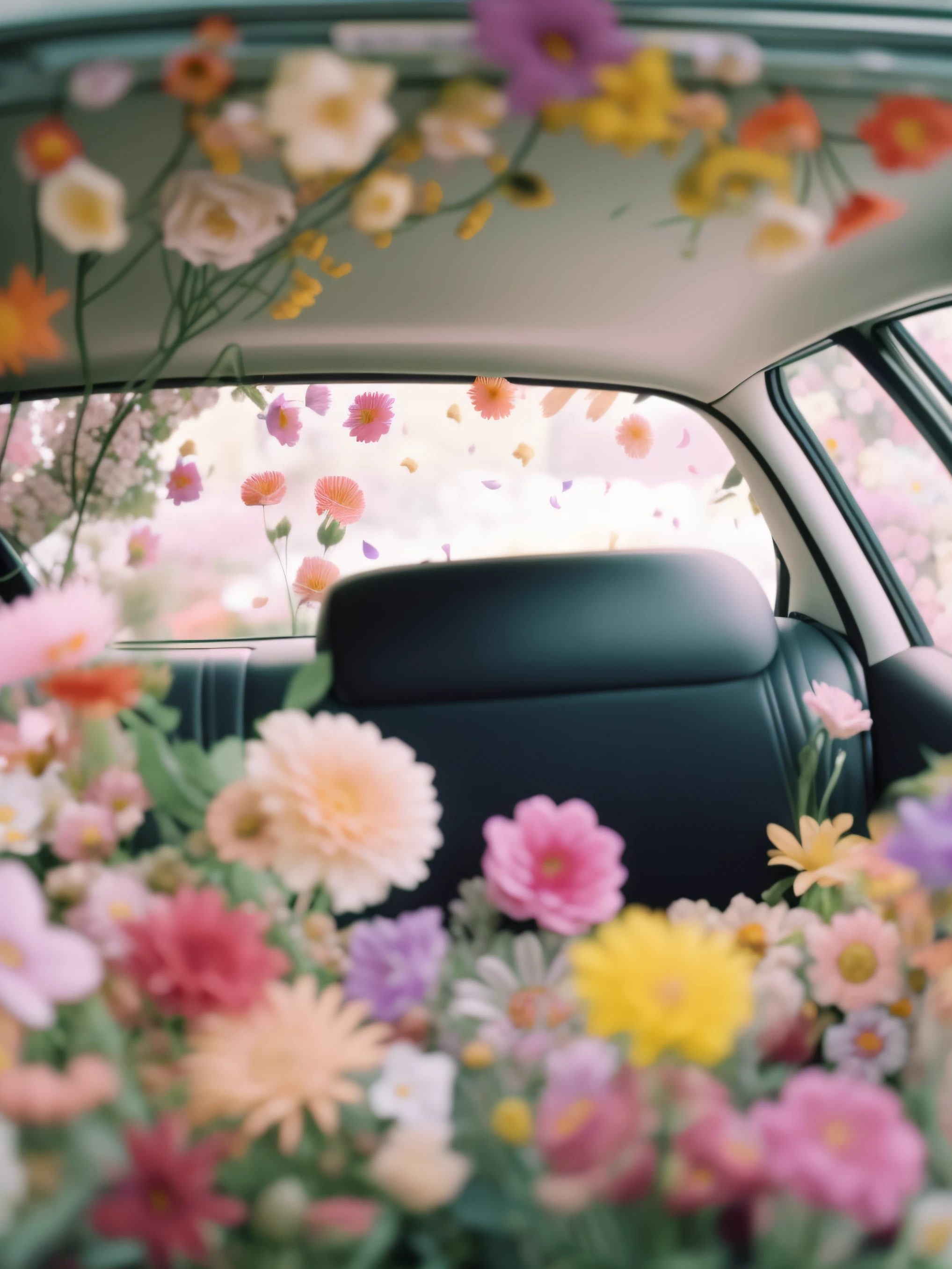 There is a car with flowers in the back seat, an aesthetic field of flowers, Full of flowers, Flowers everywhere, there's flowers everywhere, beautiful flowers, inside car, Lots of flowers, Flowers!!!!, covered with flowers, nature and floral aesthetics, dreamy aesthetic, in style of petra collins, music video, covered in flowers, petra collins