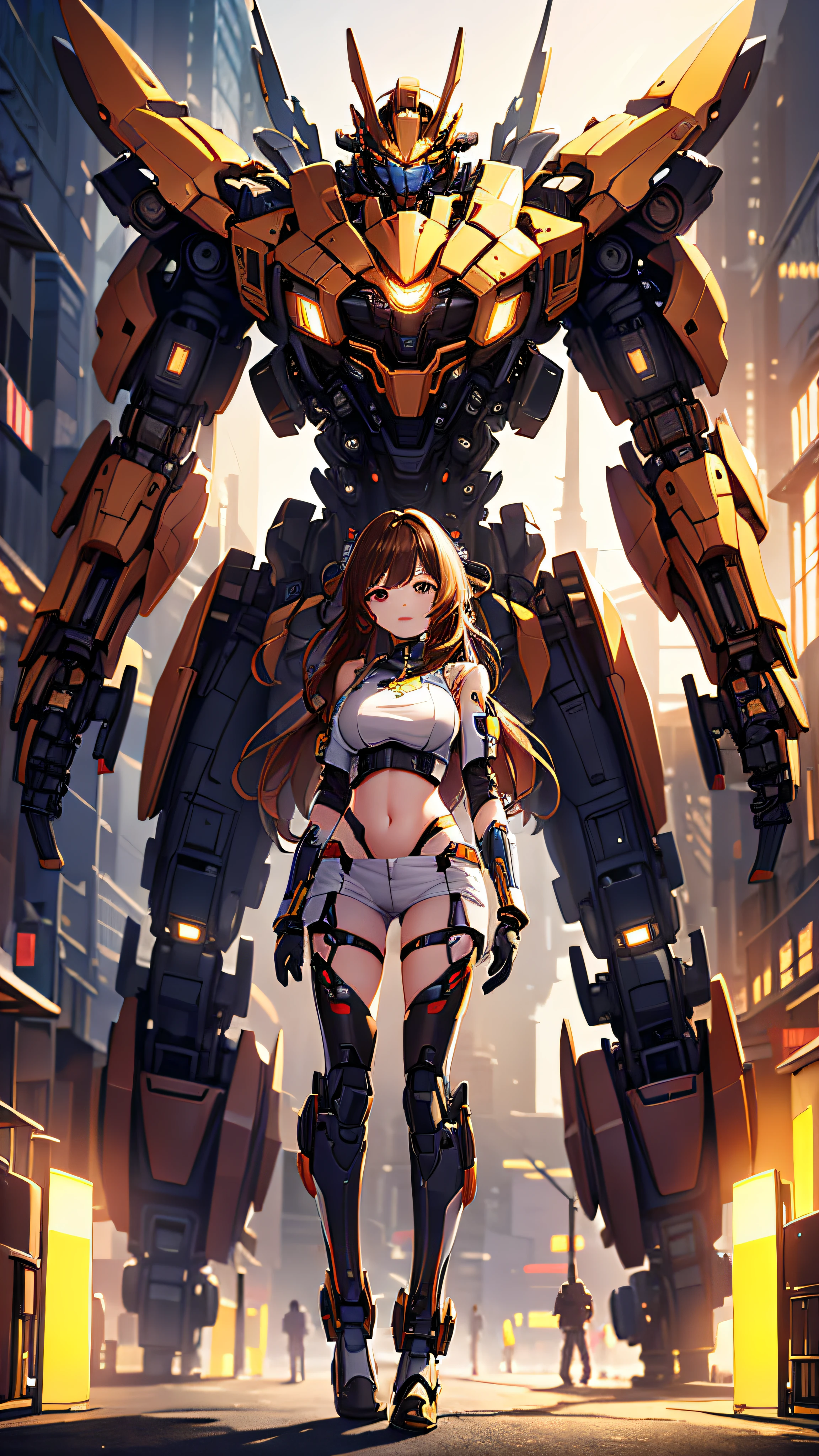 ((masterpiece, best quality)),illustration,ultra detailed 8k,photorealistic,sharp focus,highly detailed,professional lighting,colorful details,iridescent colors BREAK extreme long shot of a factory,large mechanical robot construction,microchip,computer,glowing,intricate details,shitu-mecha,1girl is standing in front of the audience,Navel