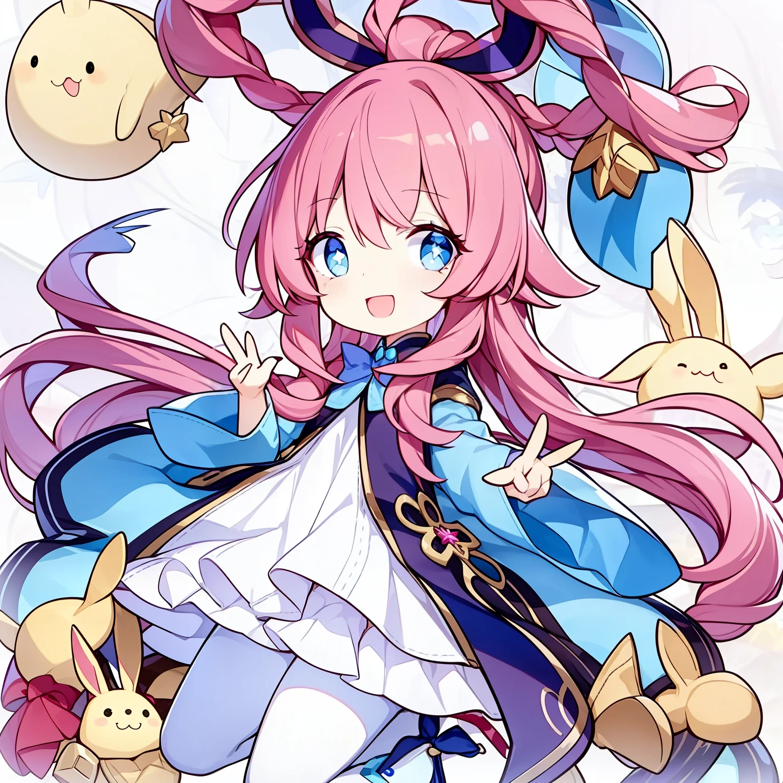 1girll, Animal ears, Pink hair, Long hair, Rabbit, Open mouth, Smile, Rabbit ears, bow, Solo, White background, dress, Pantyhose, the wall, Blue eyes, view the viewer, :D, full body, Simple background, nail polish, streaked, Holding, Arm Raised, Hair accessories hair bye, Long sleeves, Puffy sleeves, Water-colored footwear, shoes, Blue footwear, Jumps, Animal, Blush, argyle, Star (symbol), holding wand, Very long hair, ribbon,