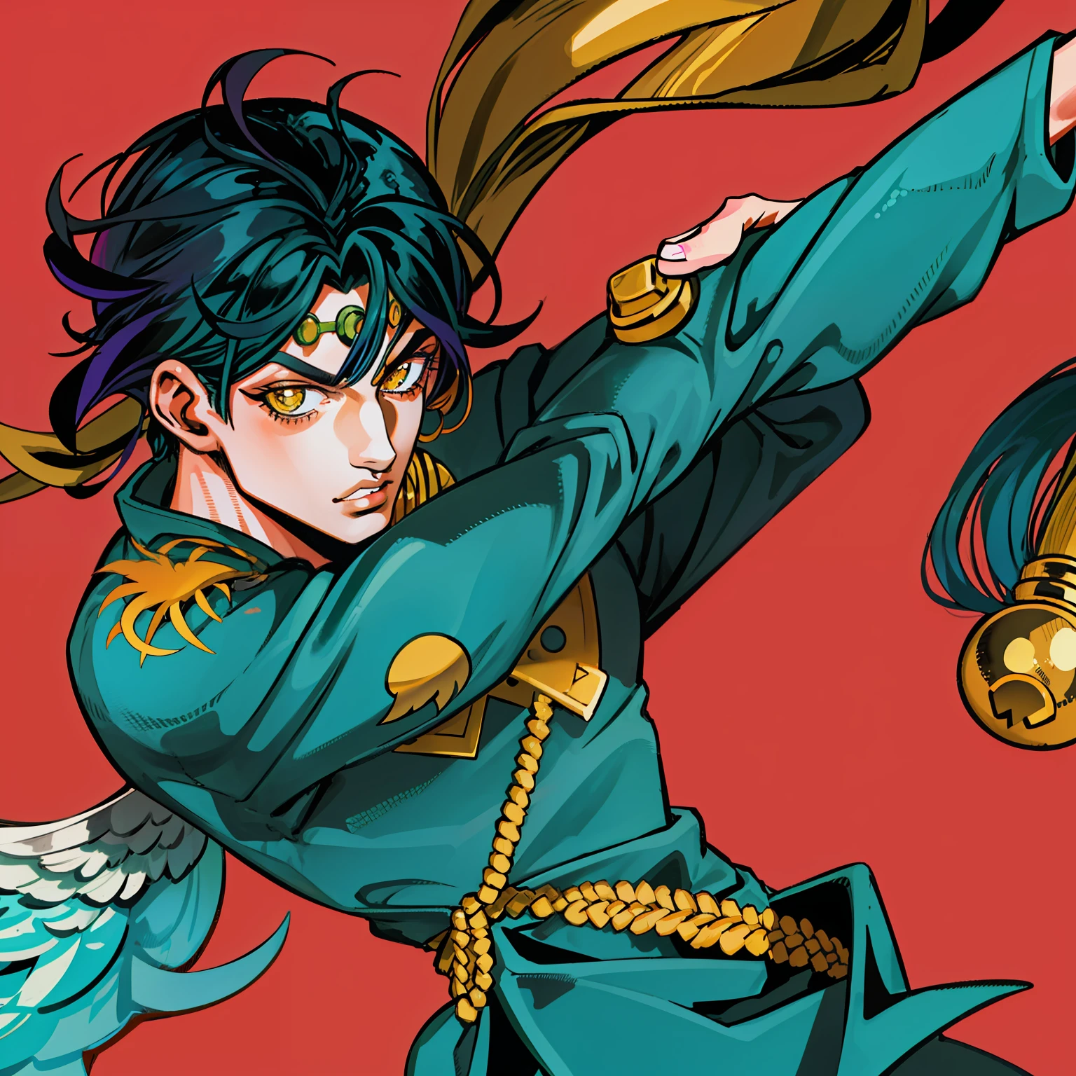 ouro, ((foco apenas)), Closeup, ((Arakistyle)) ((vestir)), usando terno preto, mid hair, Homem, split lips, Posando, Phoenix IkkI, cavalheiros do zodico, Jojo:0.9, illustration, arte linear, bold coloration, obra-prima, Manga art, melhor qualidade, digitisation, tons de cor, illustration, anime, Simple coloring, fundo preto plano,