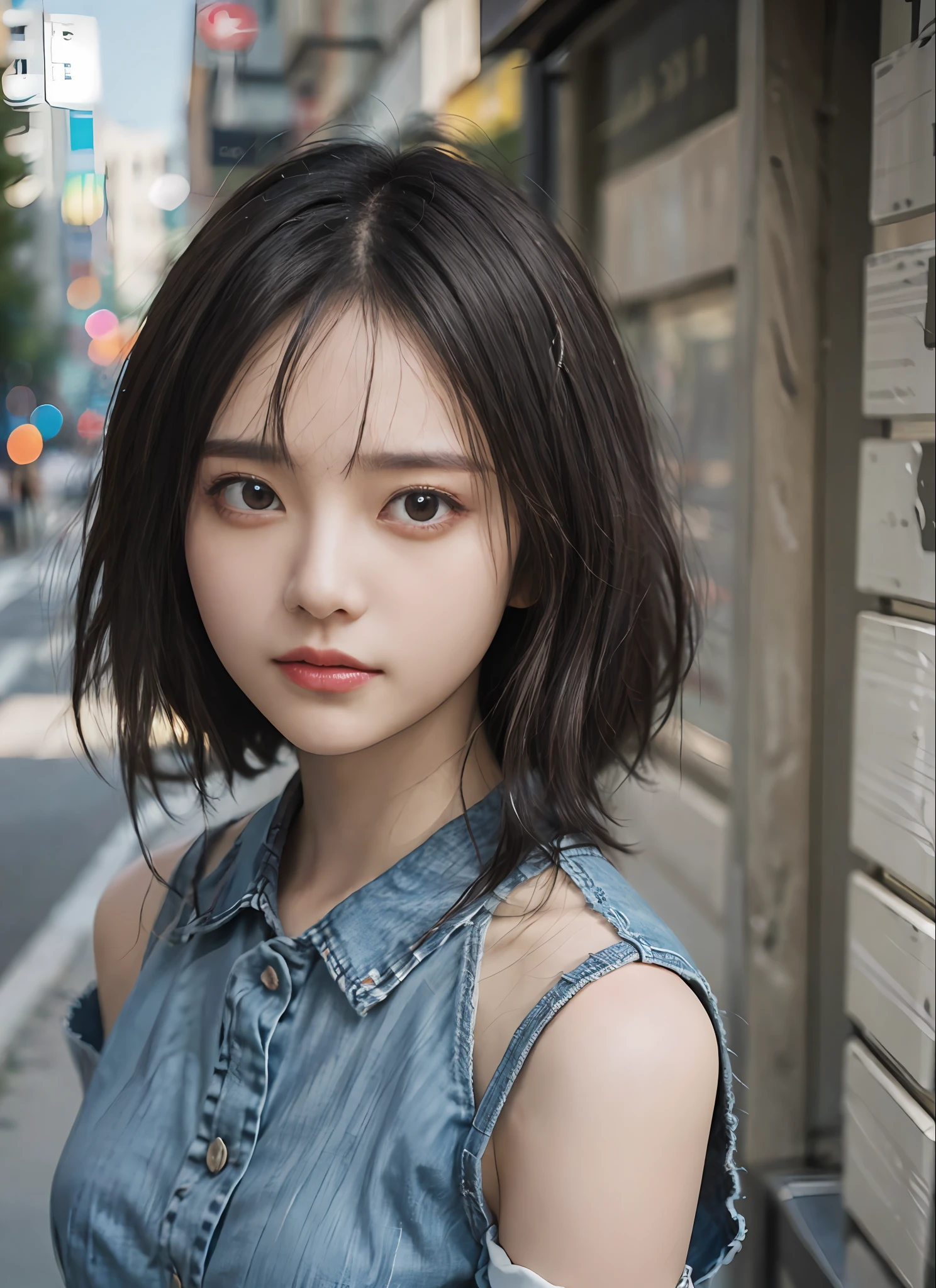 tmasterpiece，hyper HD，high rise，16k，best qualtiy，high detal，textureskin，anatomy correct，outdoors lighting，extremely detailed photo，On the commercial street，Walk past a beautiful woman，Wear a short-sleeved T-shirt，denim short，Side Body，looks into camera，中景 the scene is，Extremely detailed and delicate facial features，Detailed eye details，The expression is cold and haughty