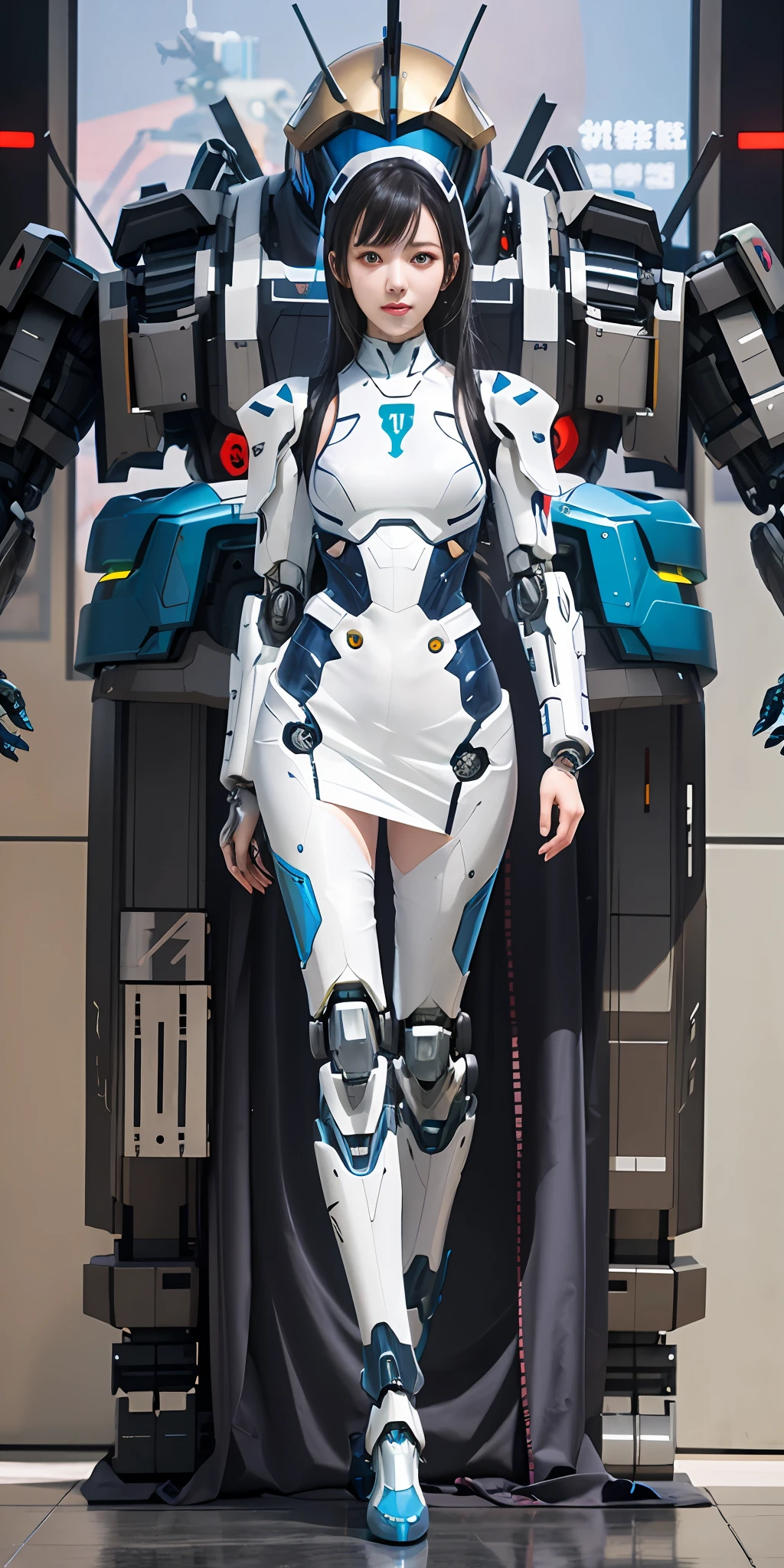 Anime girl in futuristic suit standing in front of a giant robot, girl in mecha cyber armor, cyberpunk anime girl mech, Mecha suit, female mecha, anime robotic mixed with organic, anime mecha aesthetic, Beautiful robot character design, Mechanized Valkyrie girl, symetry! futuristic robotic, wojtek fus, perfect anime cyborg woman, mecha asthetic