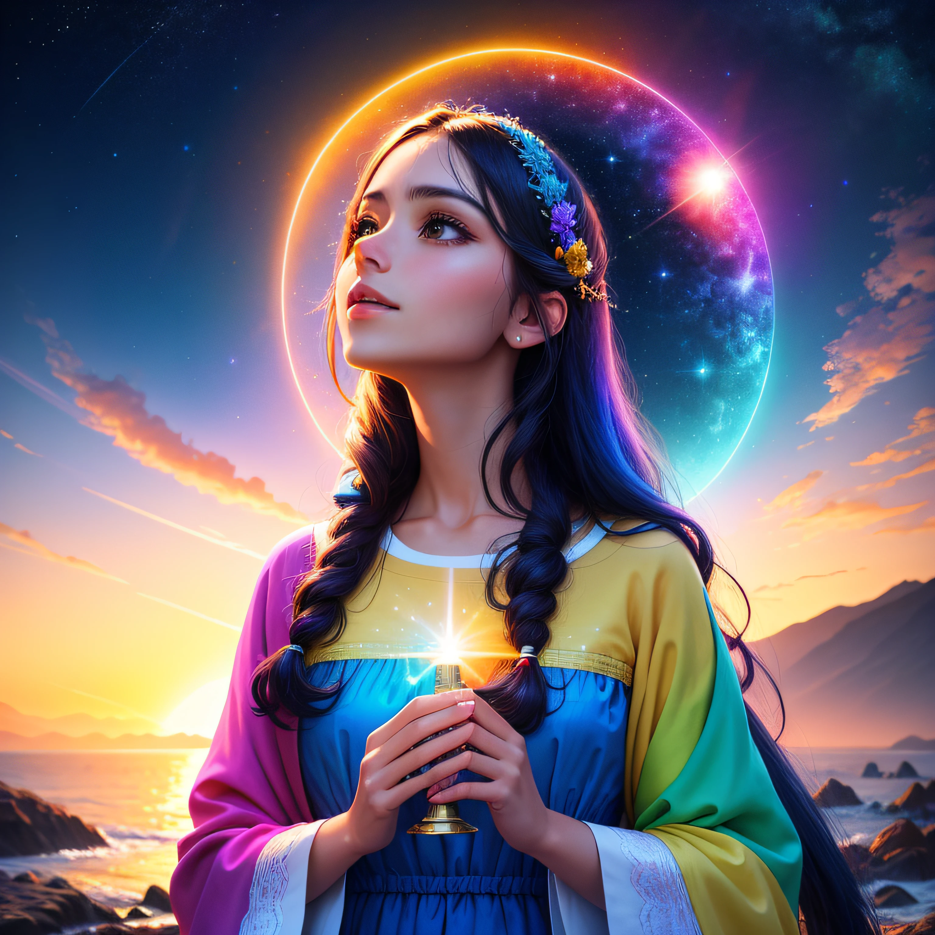 celestial scenery, encantado, luz divina, cores escuras contrastando