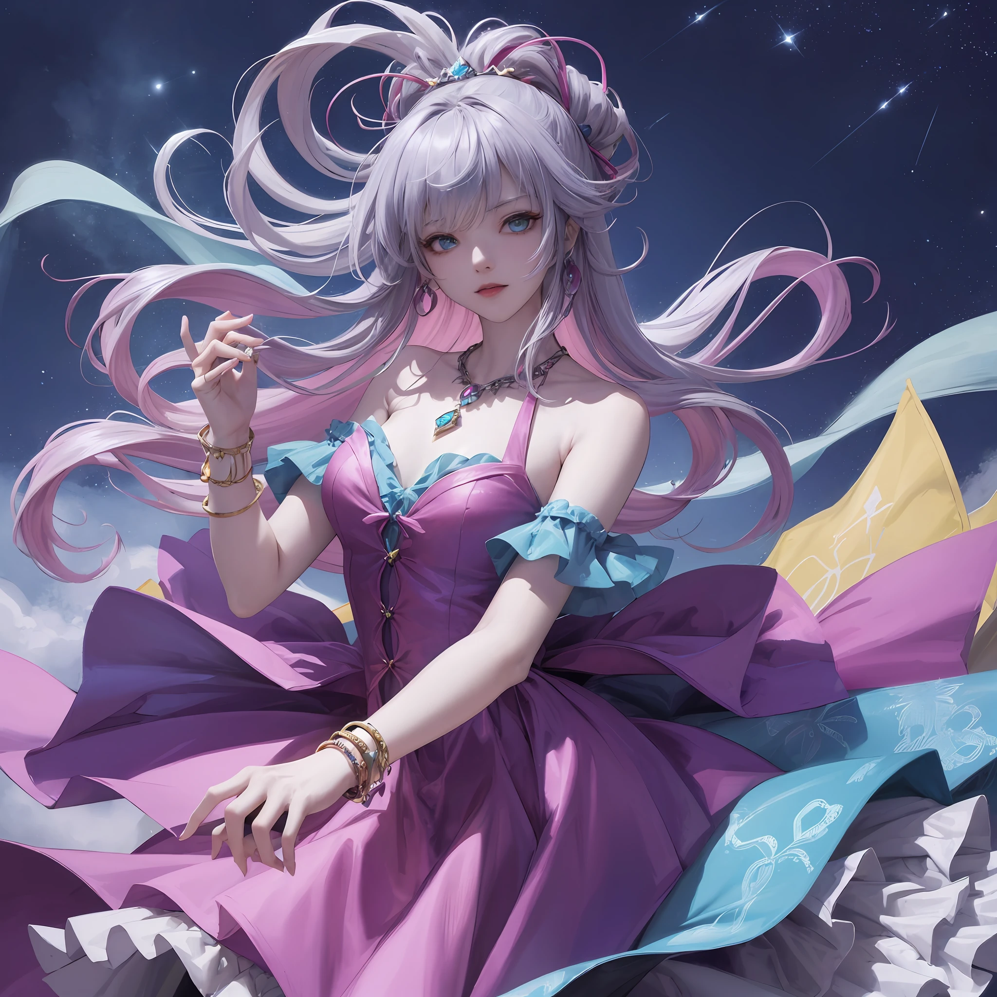 Dark Magician Girl、MKSKS style、2guys、(highly detailed back ground:1.0)、(highly detailed back ground:1.0)、masterpiece、top-quality、An ultra-high picture quality、16k、Blue eyes、From above、Put your hands between your legs、The upper part of the body、Sitting in a plush chair、Twisting the body、Hair ornament with emerald、Reddish cheeks、Smiling、(1/2 pink and 1/2 Light blue hair、rainbow-colored hair)、(Colorful dress with a lot of draping、Rainbow dress:1.3)、Fur muffler、Silver necklace、Silver bracelet、Bad hands, bad finger, Missing fingers, Extra fingers、(Blowing in the wind:1.4)、(Ray-like pattern:1.4)、(neon-light-effect:1.2)、Aurora、night sky full of stars、shooting stars、fullmoon、natta --auto