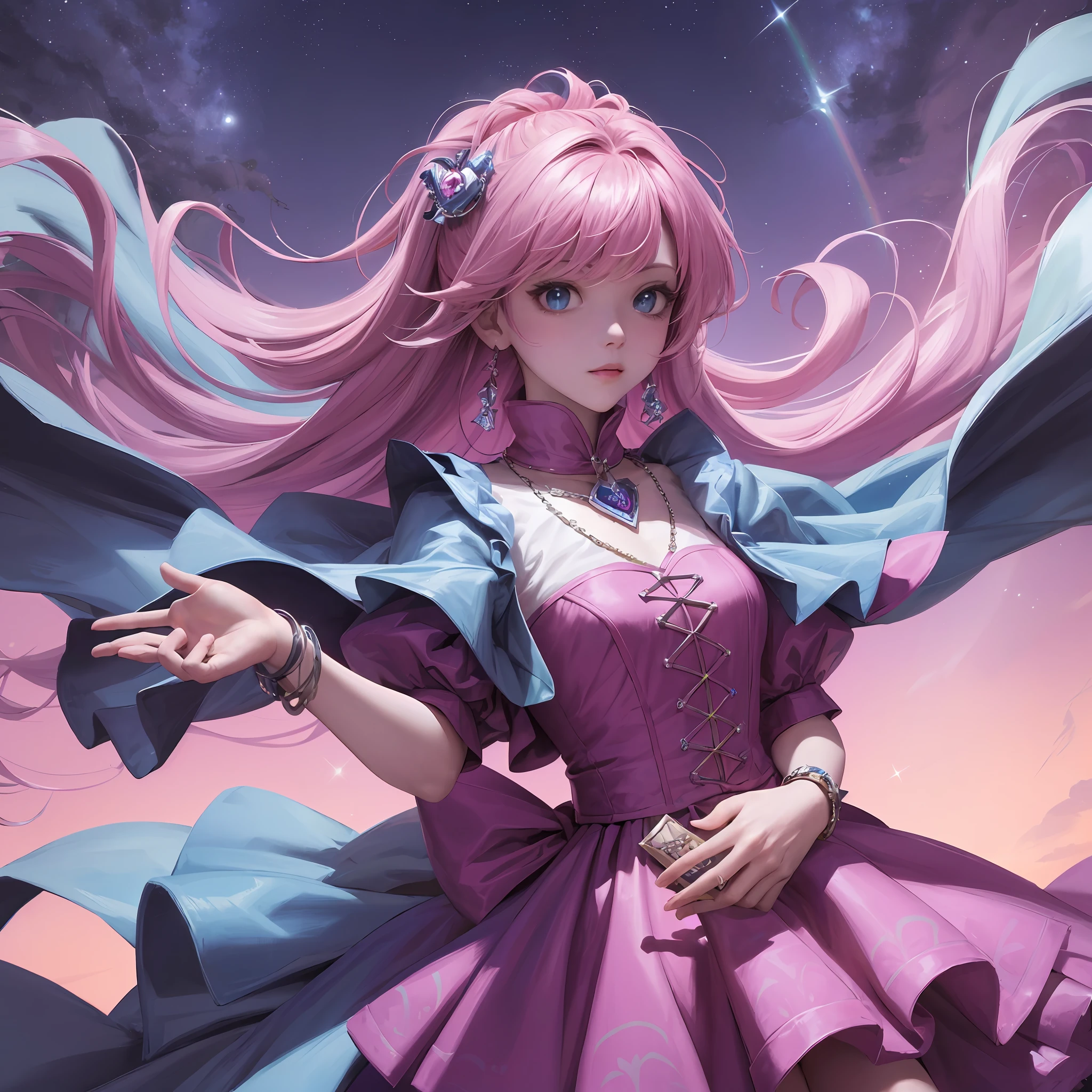Dark Magician Girl、MKSKS style、2guys、(highly detailed back ground:1.0)、(highly detailed back ground:1.0)、​masterpiece、top-quality、An ultra-high picture quality、16k、Blue eyes、From  above、Put your hands between your legs、The upper part of the body、Sitting in a plush chair、Twisting the body、Hair ornament with emerald、Reddish cheeks、Smiling、(1/2 pink and 1/2 Light blue hair、rainbow-colored hair)、(Colorful dress with a lot of draping、Rainbow dress:1.3)、Fur muffler、Silver necklace、Silver bracelet、Bad hands, bad finger, Missing fingers, Extra fingers、(Blowing in the wind:1.4)、(Ray-like pattern:1.4)、(neon-light-effect:1.2)、Aurora、night sky full of stars、shooting stars、fullmoon、natta --auto
