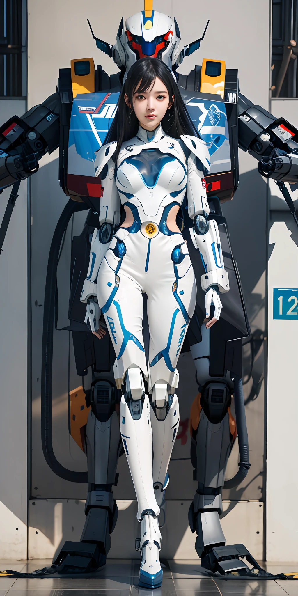 Anime girl in futuristic suit standing in front of a giant robot, girl in mecha cyber armor, cyberpunk anime girl mech, Mecha suit, female mecha, anime robotic mixed with organic, anime mecha aesthetic, Beautiful robot character design, Mechanized Valkyrie girl, symetry! futuristic robotic, wojtek fus, perfect anime cyborg woman, mecha asthetic