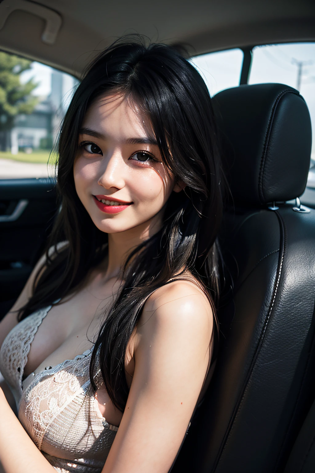 (in 8K、 Raw photography、top-quality,、hight resolution),、(hyper realisitic)、(realisitic),、Soft light、、girl with、Lifelike face、Realistic body、real looking skin、absurderes、masterpiece、Cuties、独奏、Innocent eyes、blusher、Cinema Lights、cherry colored lips、The hair 、a closeup、looking at viewert、 Open lips,、Upper teeth,、(Smiling eyes:0.6)、eyes focus、professionally lit、CG Social Trends、Plastic En、((Black Long Hair))、((Beautuful Women))、(A smile)、Fashionable、Happy -、fashion magazine、((lighting like a movie))、((inside of a car))、Grinning、((Evening glow))、Relaxed、