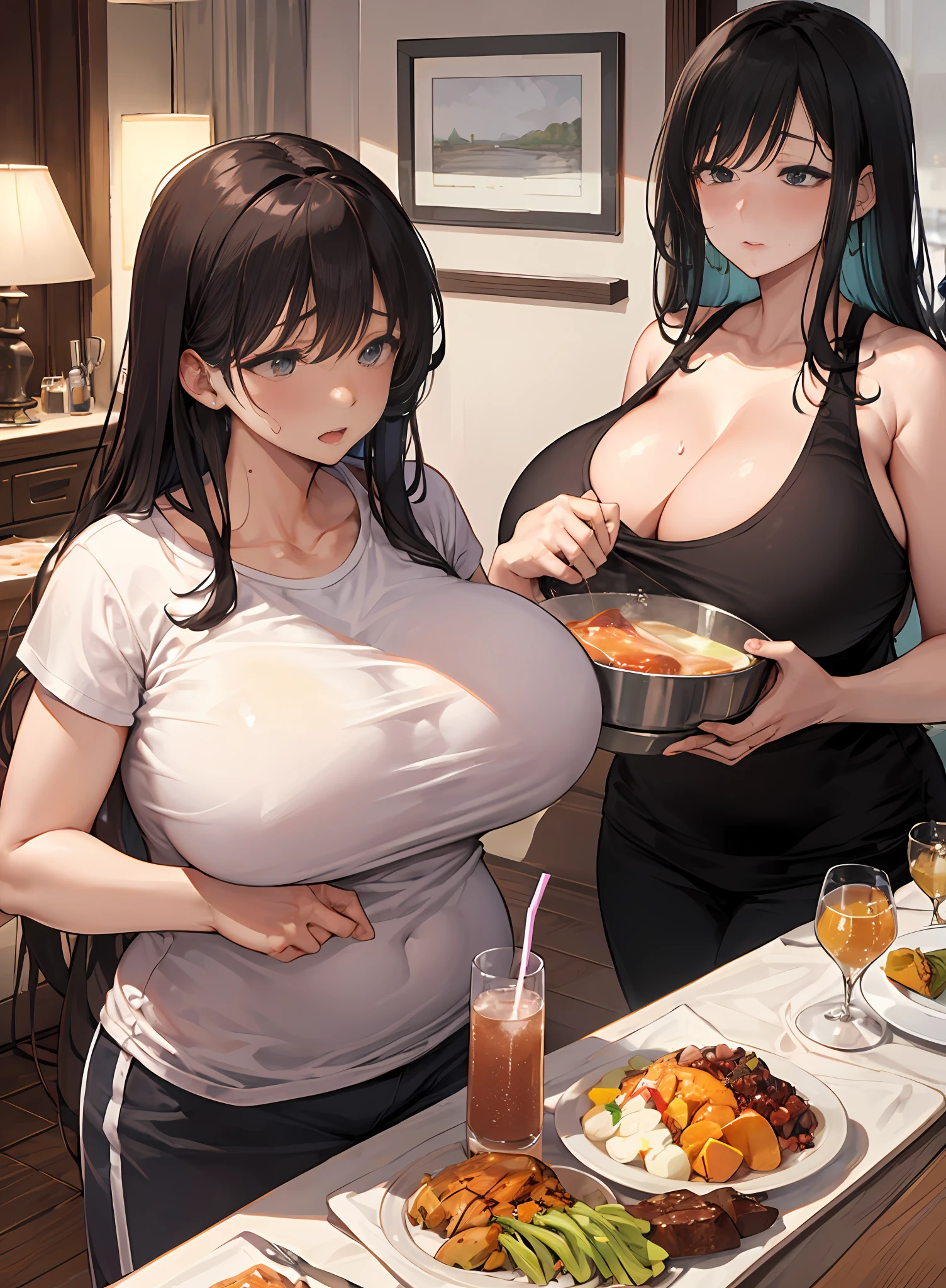 A 、ultra gigantic titser-obese body、hotels room、Tight-fitting tank top、suffer、I'm about to throw up、Dai Eater、large amounts of alcohol、a large amount of dishes、Drink a lot of alcohol、Intoxication、full of sweat