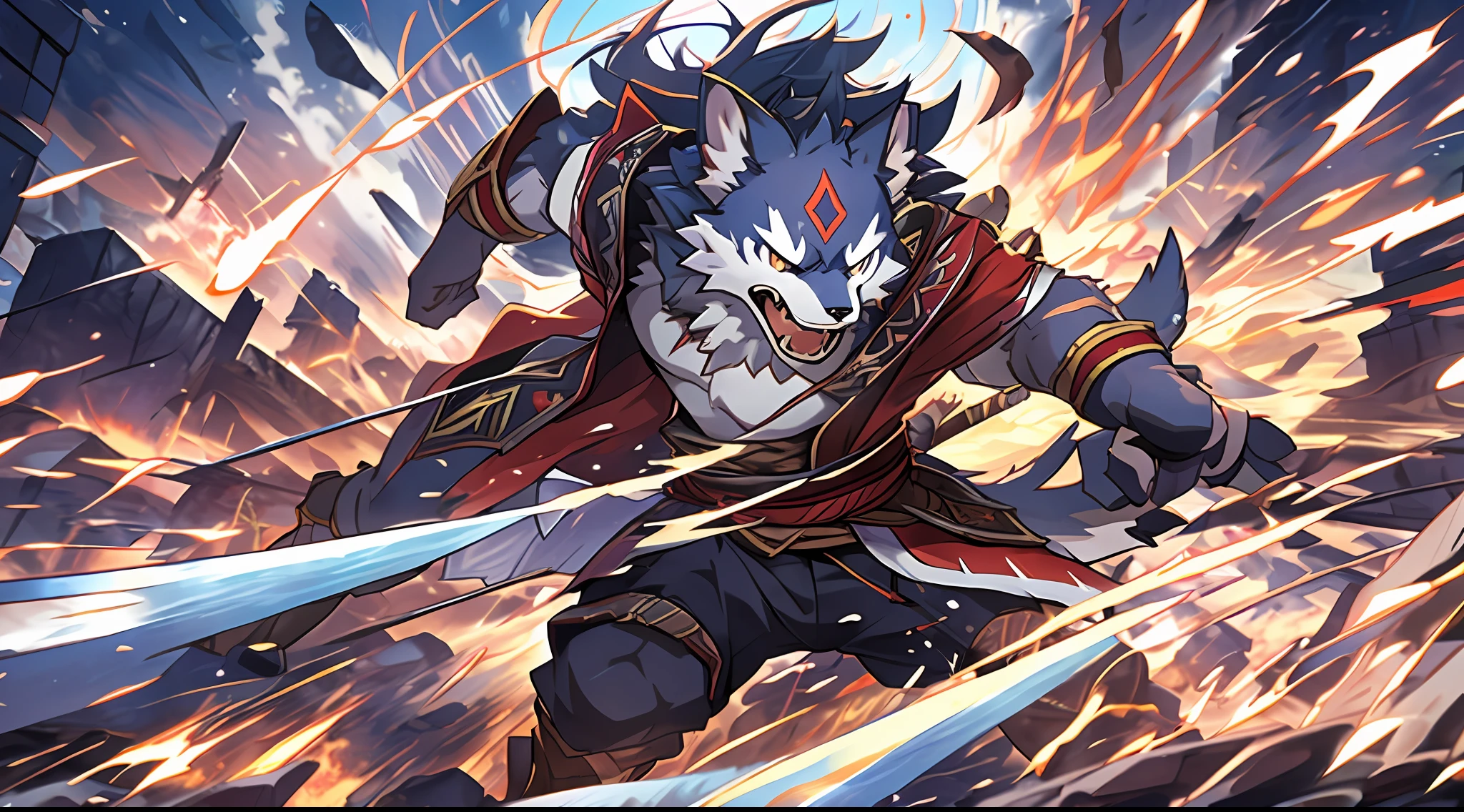 top quality, high-quality illustrations((masterpiece))An extreme perspective with a powerful composition, depth of field, motion blur, absurdres, Perfect Anatomy, magnificent picture of kemono fighting fierce battles, kemono, 1boy, solo focus, Anthro((dramatic))epic, weapon, dynamic pose, One scene of movie,