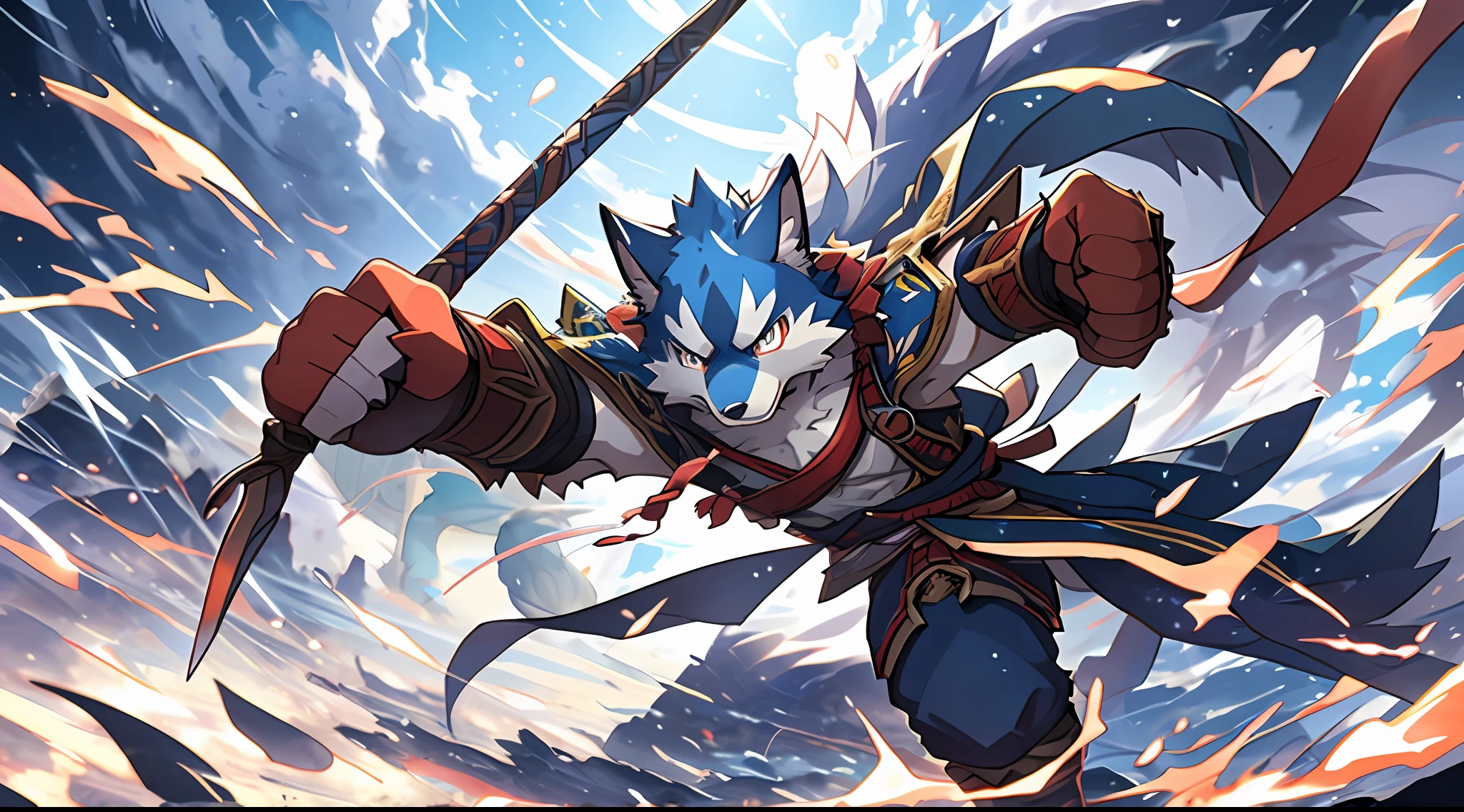 top quality, high-quality illustrations((masterpiece))An extreme perspective with a powerful composition, depth of field, motion blur, absurdres, Perfect Anatomy, magnificent picture of kemono fighting fierce battles, kemono, 1boy, solo focus, Anthro((dramatic))epic, weapon, dynamic pose, One scene of movie,
