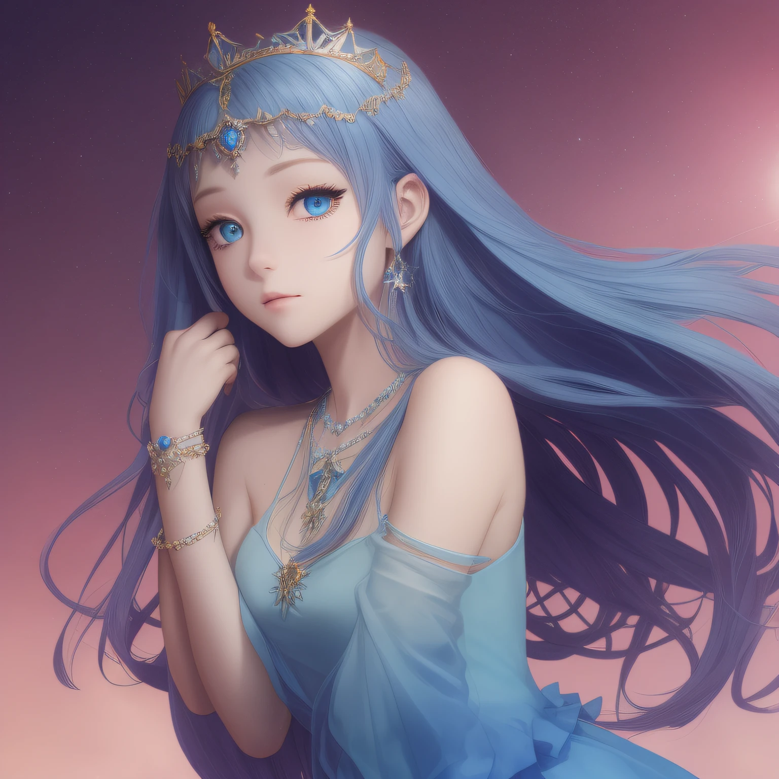 "(Light blue gradient long hair:1.3+Blue-purple star pupils:1.2+Light blue princess dress)+Jewel Crown+adiamondnecklace+blue bracelet+Shoot into the sun"