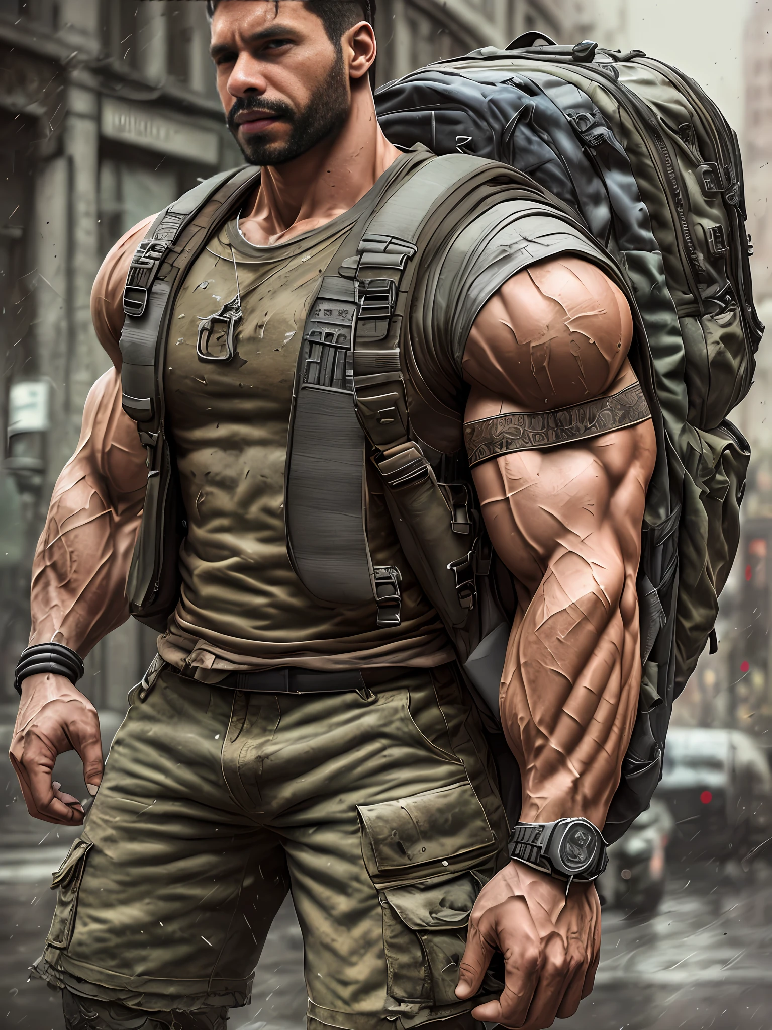 strong muscular man, street angry, backpack, epic realistic, photo, faded, complex stuff around, intricate background, soaking wet, neutral colors, ((((hdr)))), ((((muted colors)))), intricate scene, artstation, intricate details, vignette