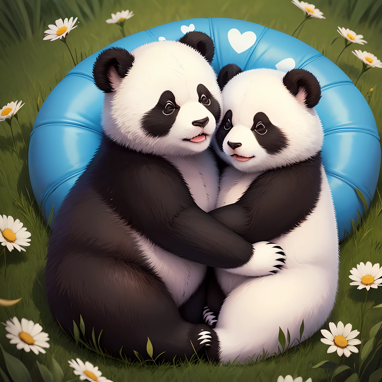 Two pandas hugging each other，On the big meadow，There is a big love heart on the side，The love is written on the heart: Baby loves，with blue sky and white clouds，Flowers，Passionate --auto