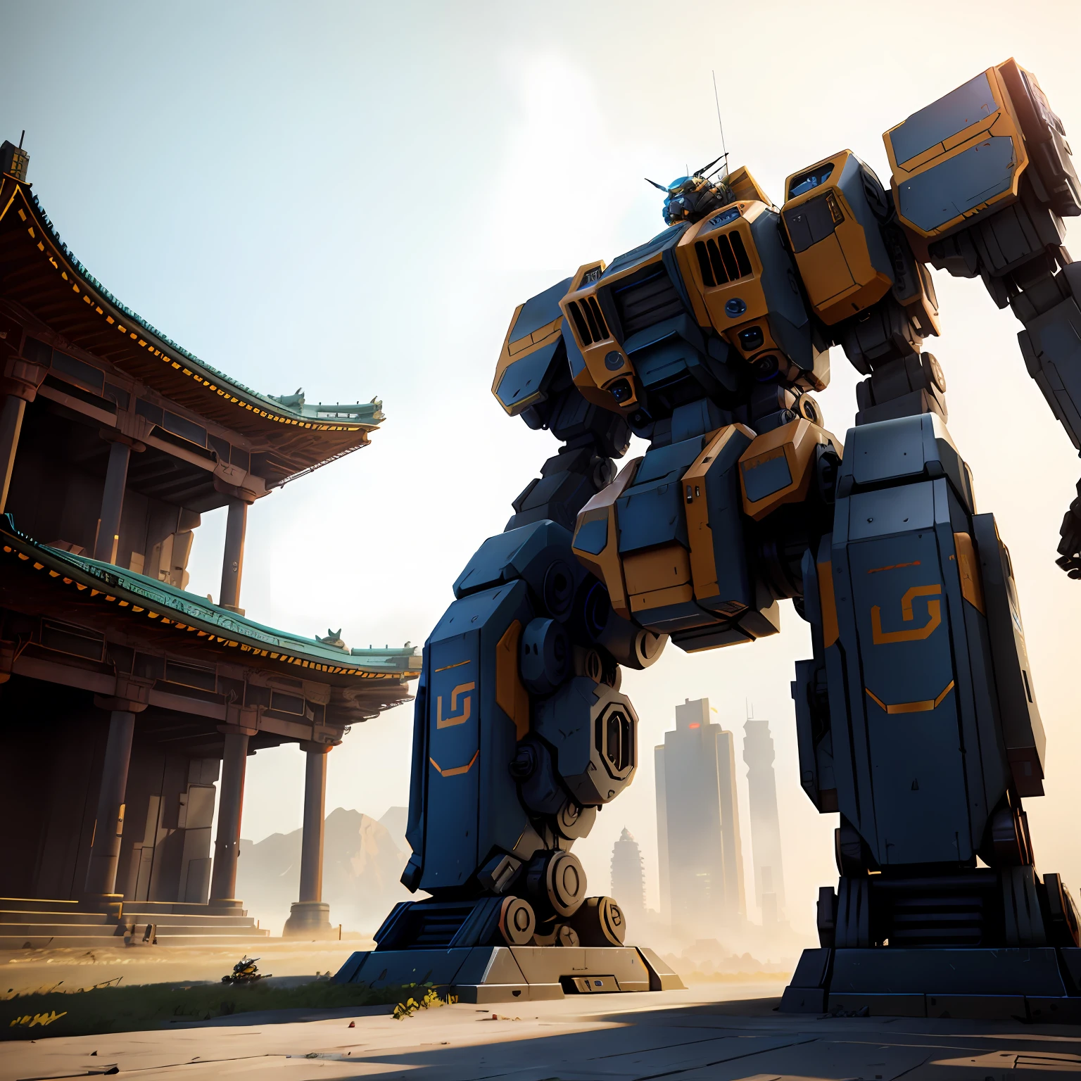 Close-up of giant robot standing in front of a building, giant mecha, giant robot mech, battletech style, giant mecha robot, cyberpunk chinese ancient castle, battlemech, created in unreal engine 5, made in unreal engine 5, battletech, anime large mecha robot, lottalewdsLargeMecha, render in unreal engine 5, battlemech